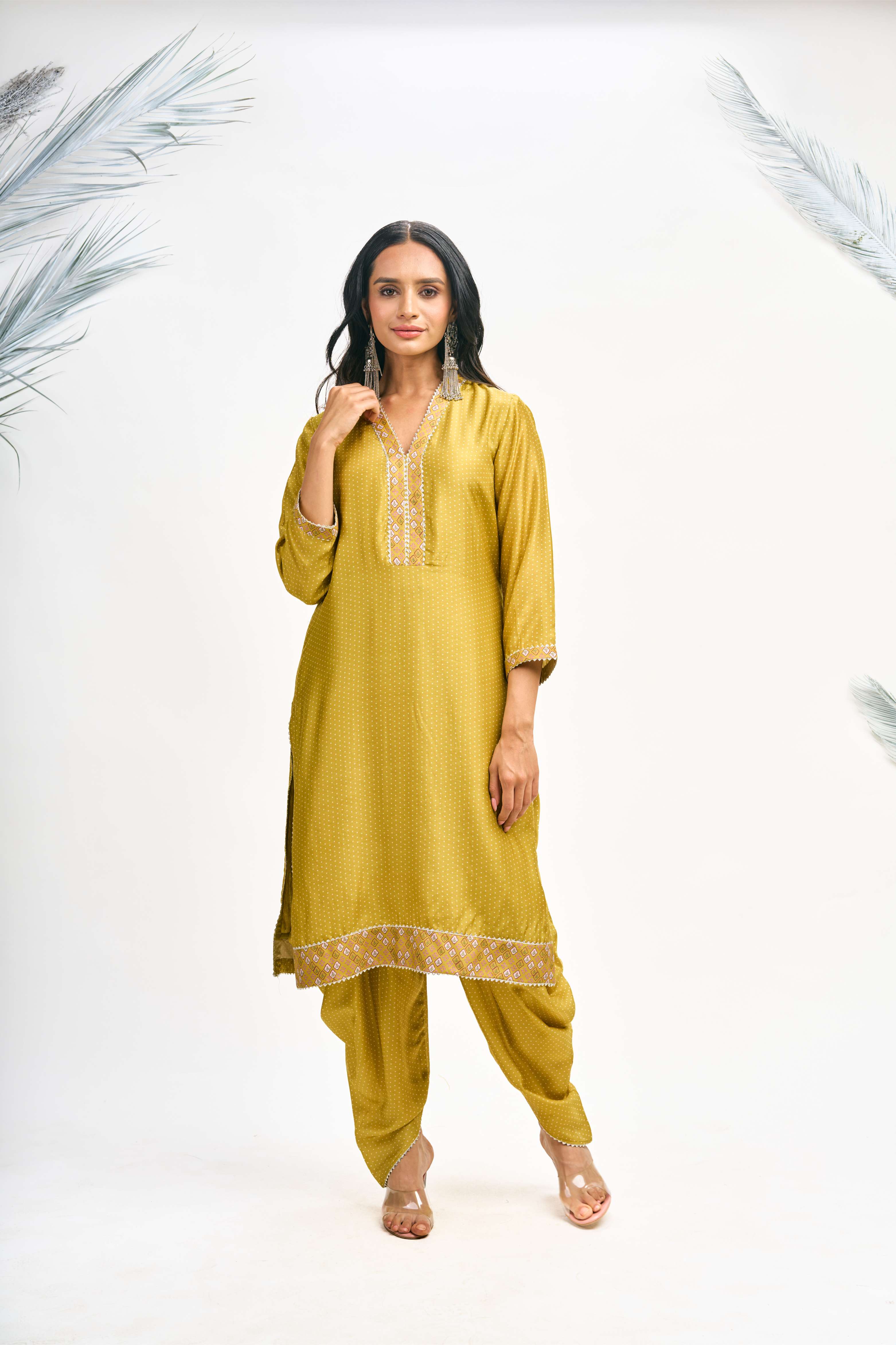 Mustard Green Polka Dot Kurta with Dhoti Pants and Dupatta Set