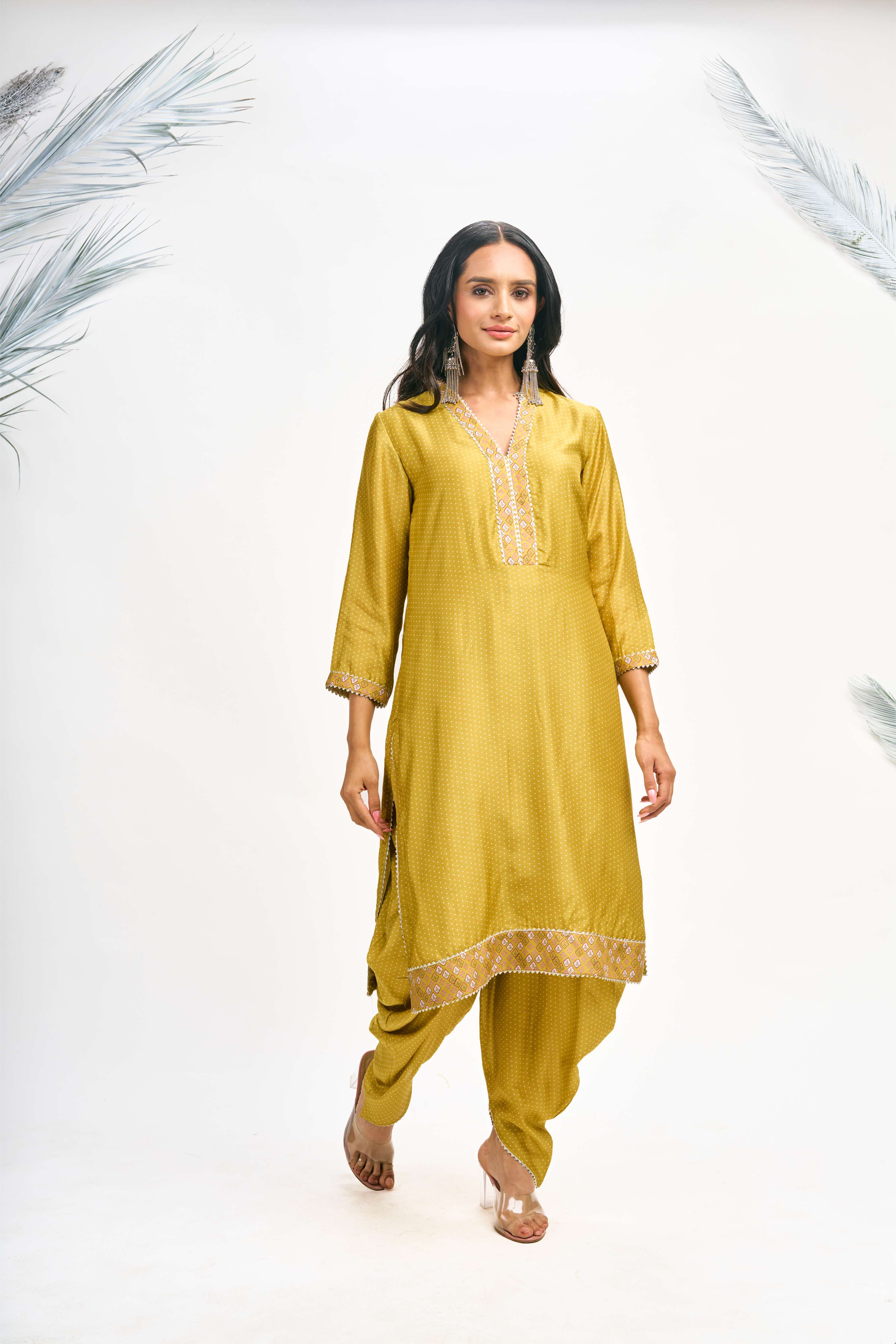 Mustard Green Polka Dot Kurta with Dhoti Pants and Dupatta Set