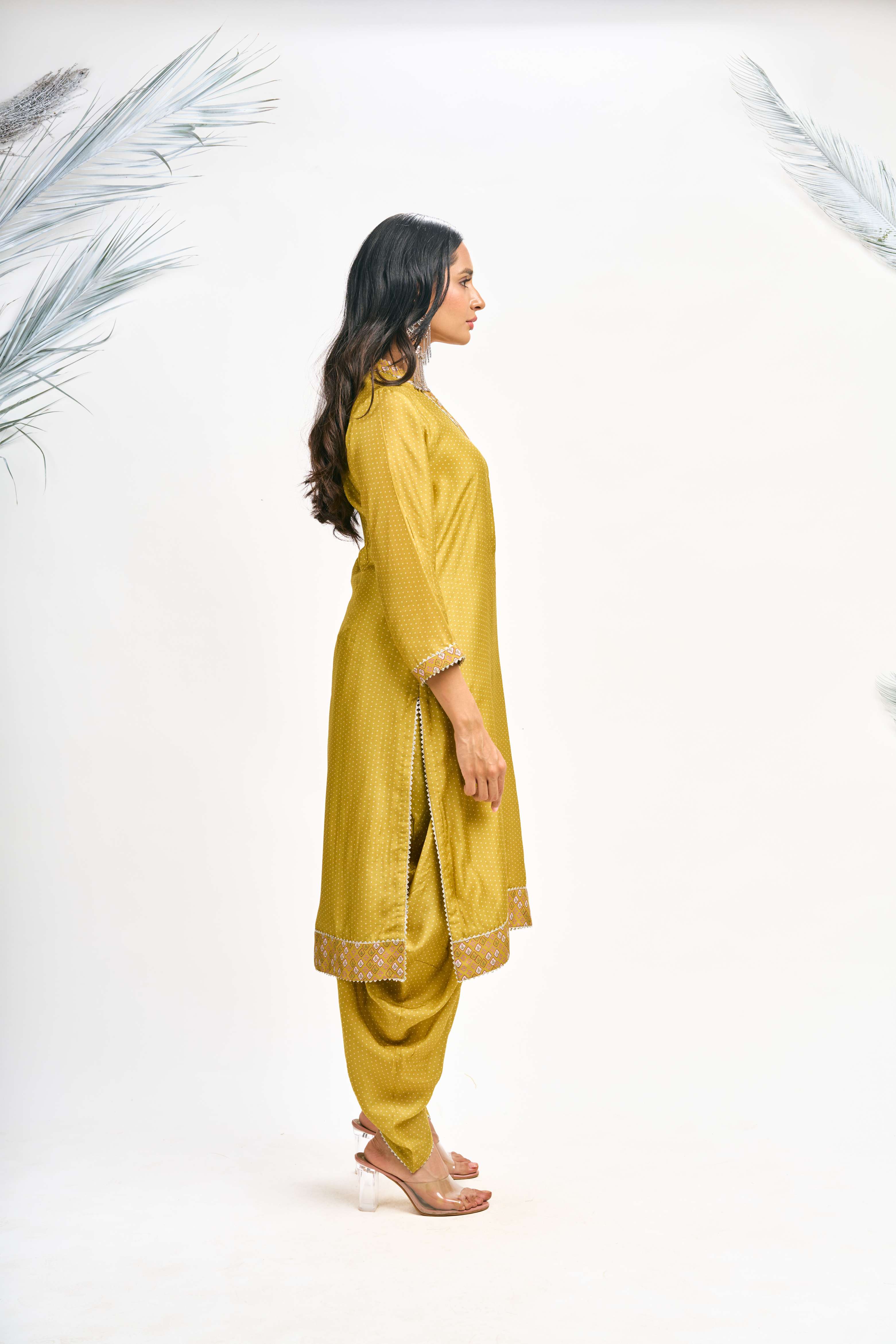 Mustard Green Polka Dot Kurta with Dhoti Pants and Dupatta Set