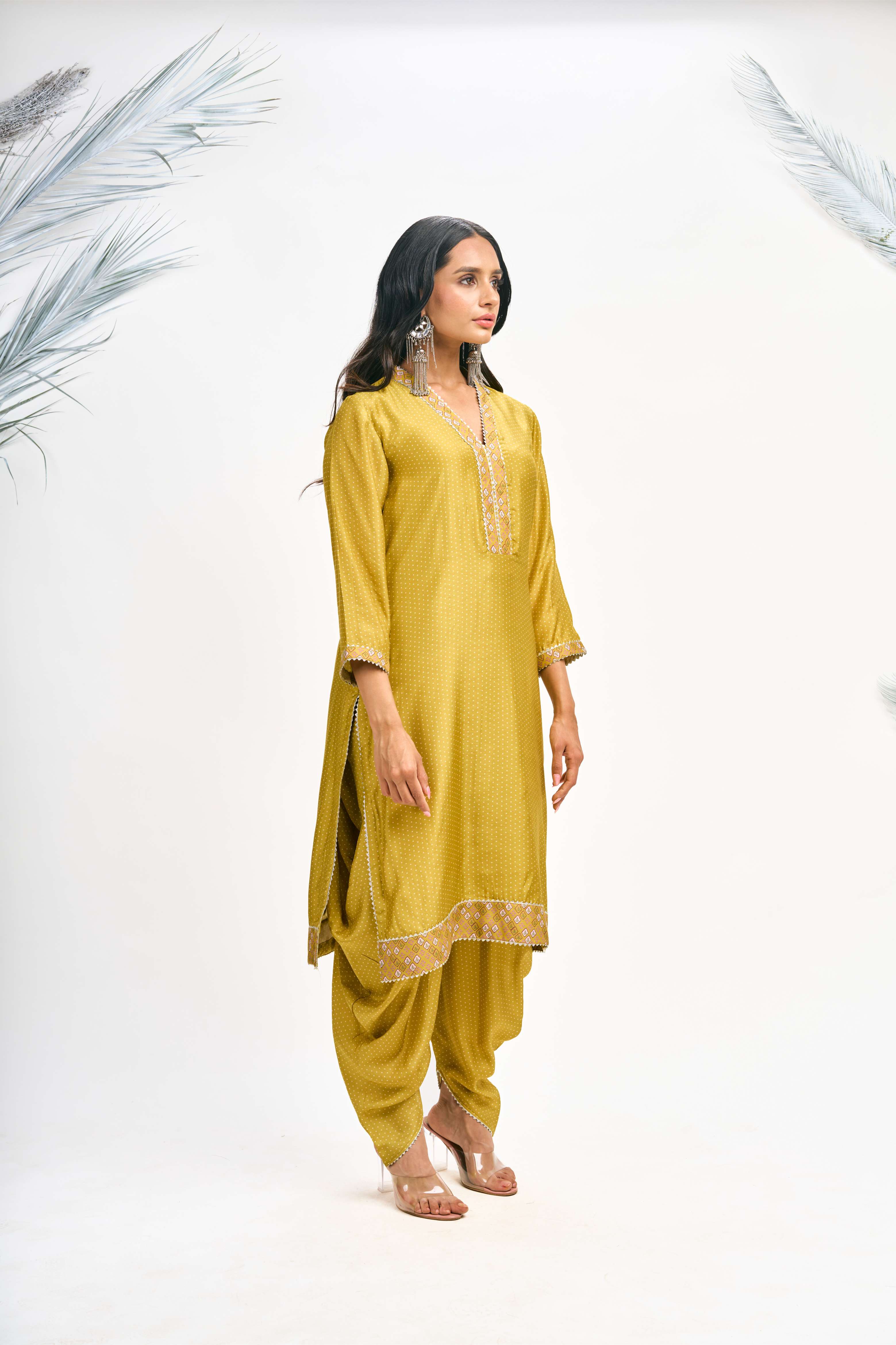 Mustard Green Polka Dot Kurta with Dhoti Pants and Dupatta Set