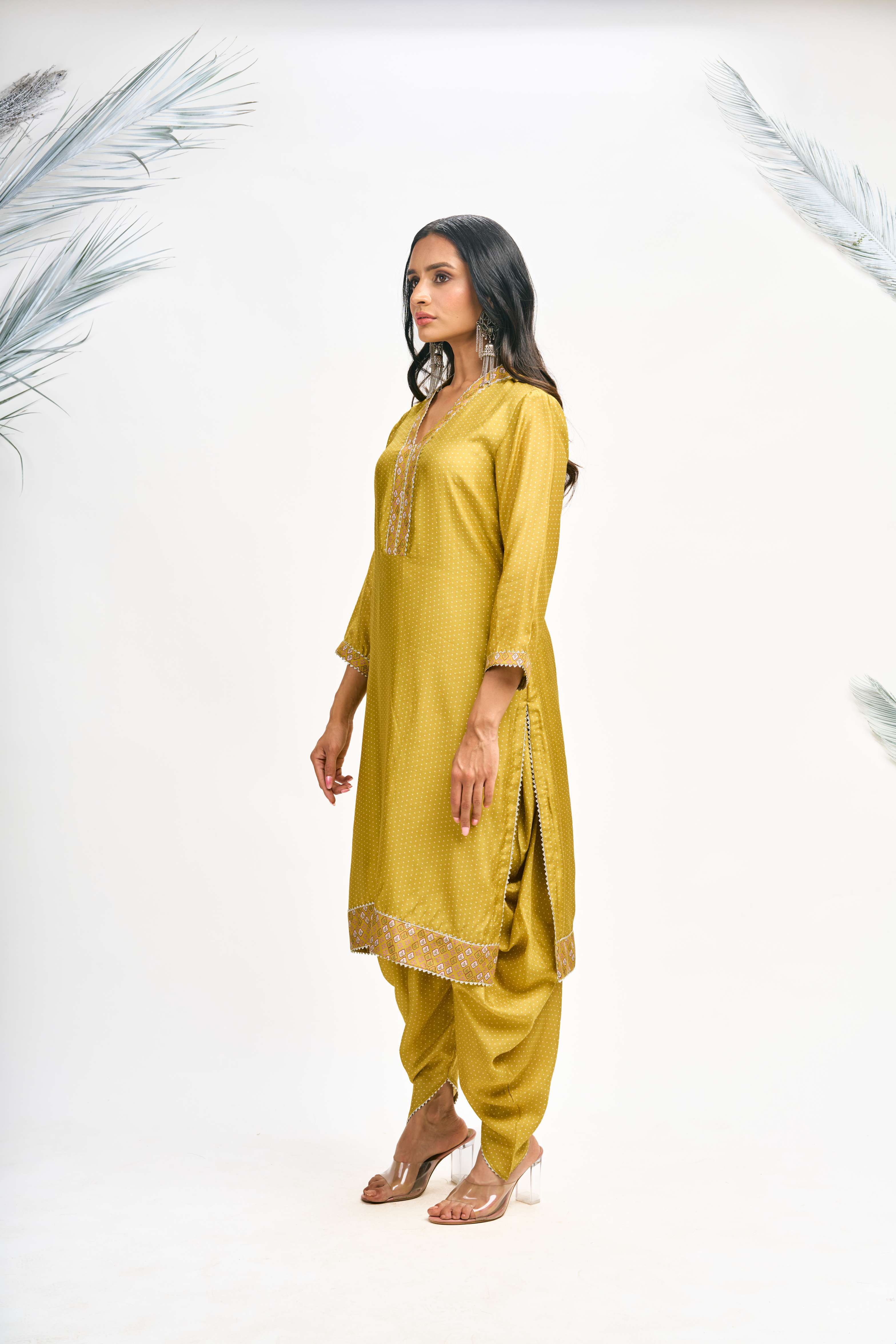 Mustard Green Polka Dot Kurta with Dhoti Pants and Dupatta Set