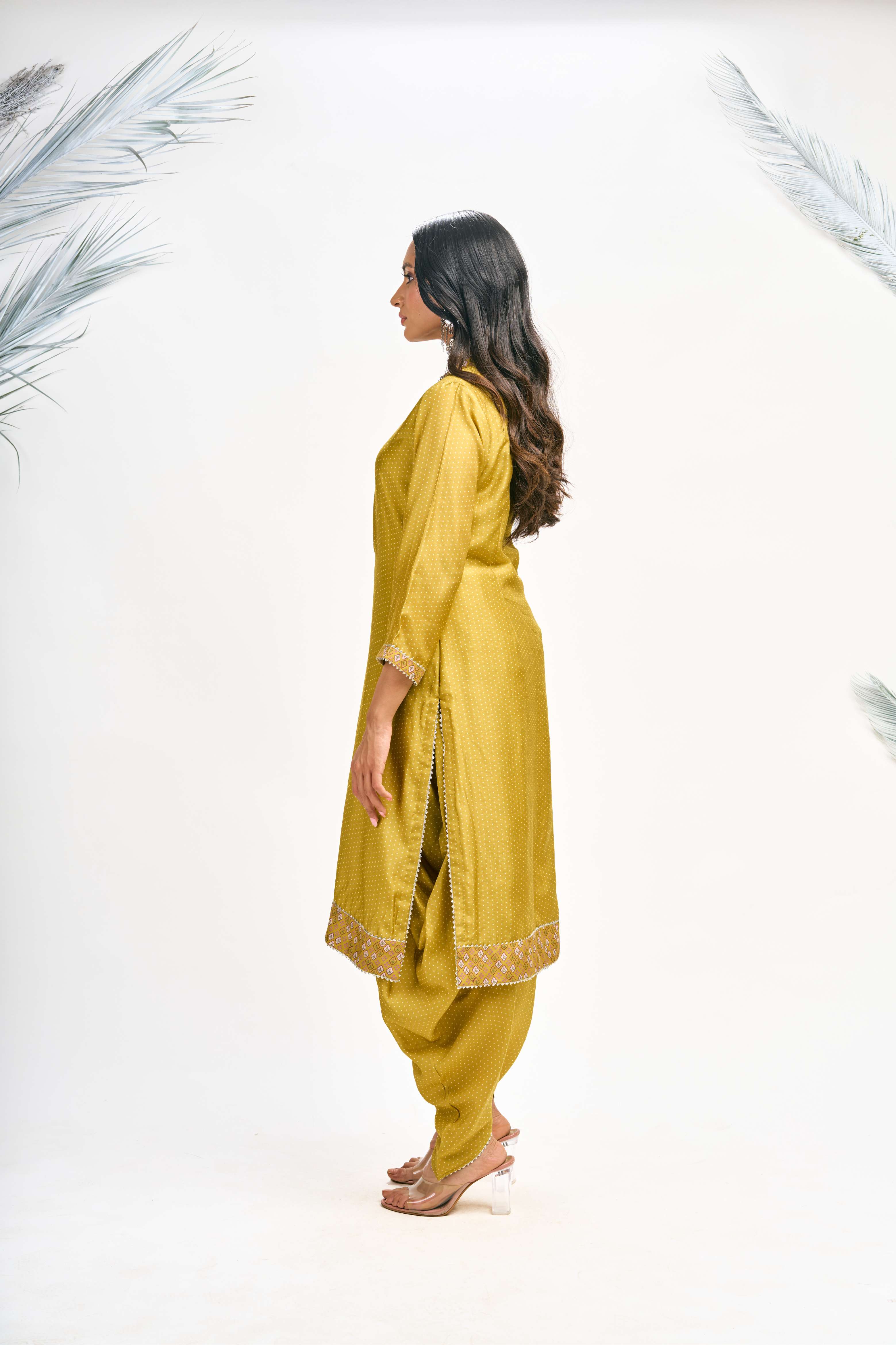 Mustard Green Polka Dot Kurta with Dhoti Pants and Dupatta Set