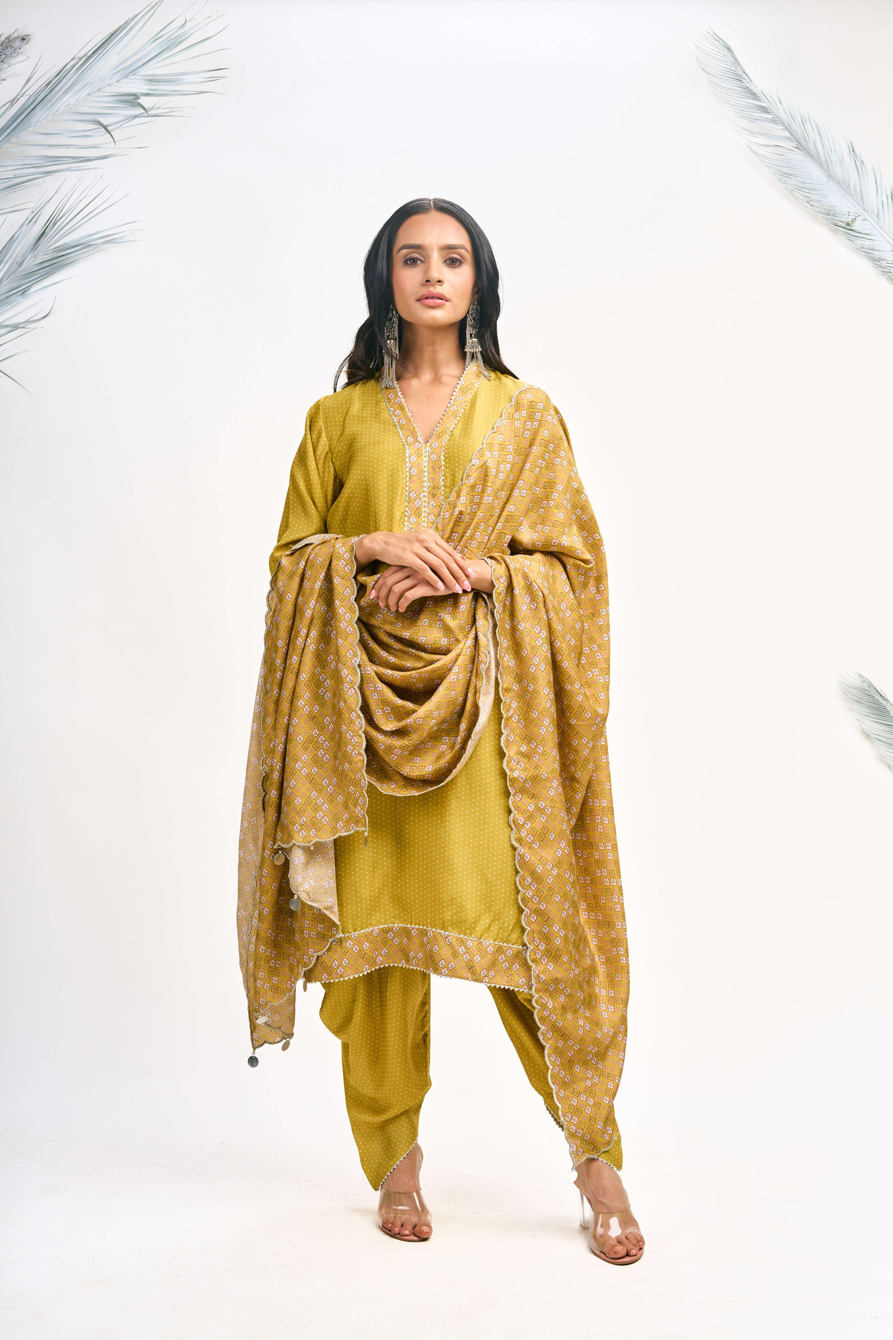 Mustard Green Polka Dot Kurta with Dhoti Pants and Dupatta Set