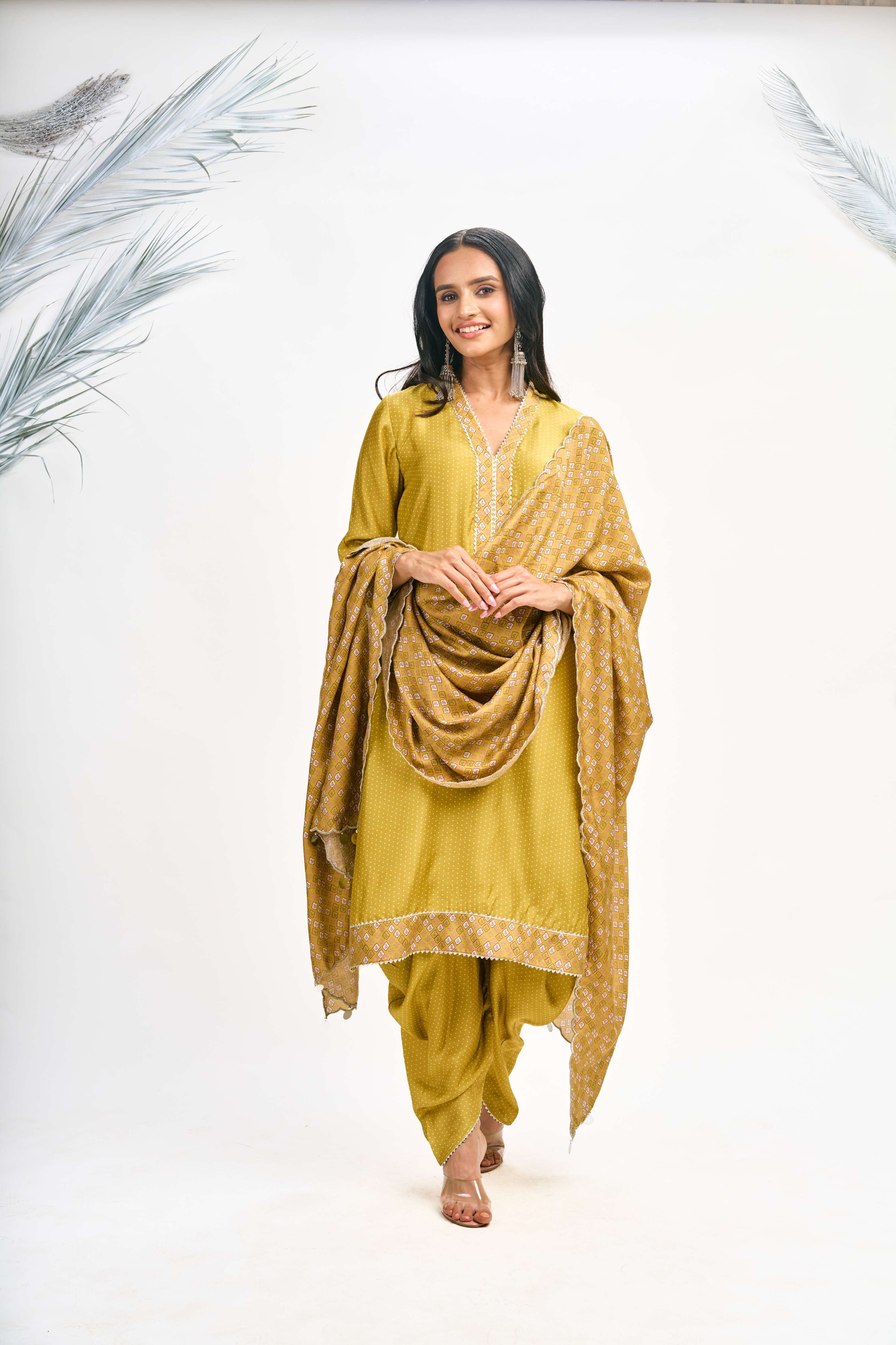 Mustard Green Polka Dot Kurta with Dhoti Pants and Dupatta Set