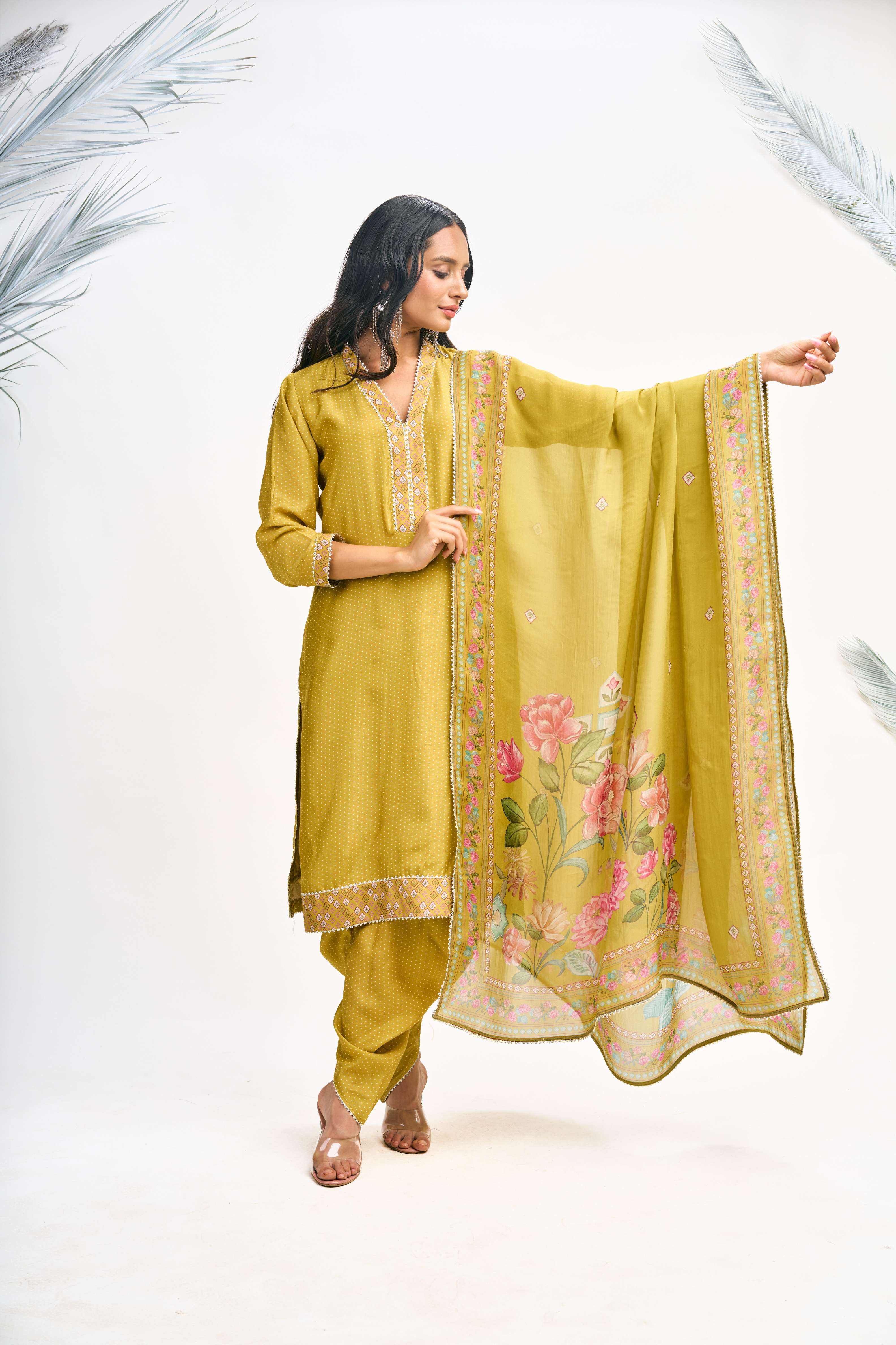 Mustard Green Polka Dot Kurta with Dhoti Pants and Dupatta Set