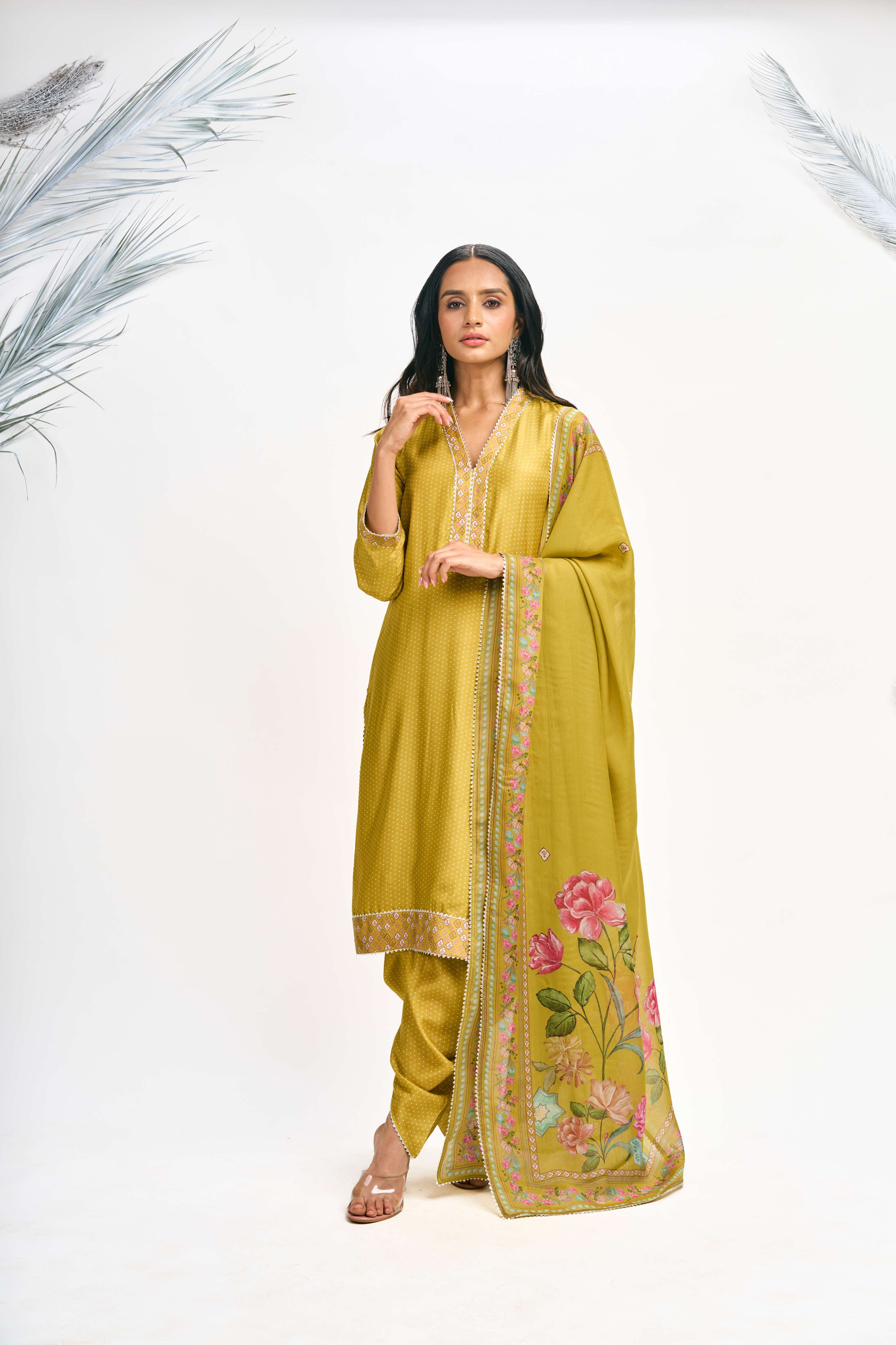 Mustard Green Polka Dot Kurta with Dhoti Pants and Dupatta Set