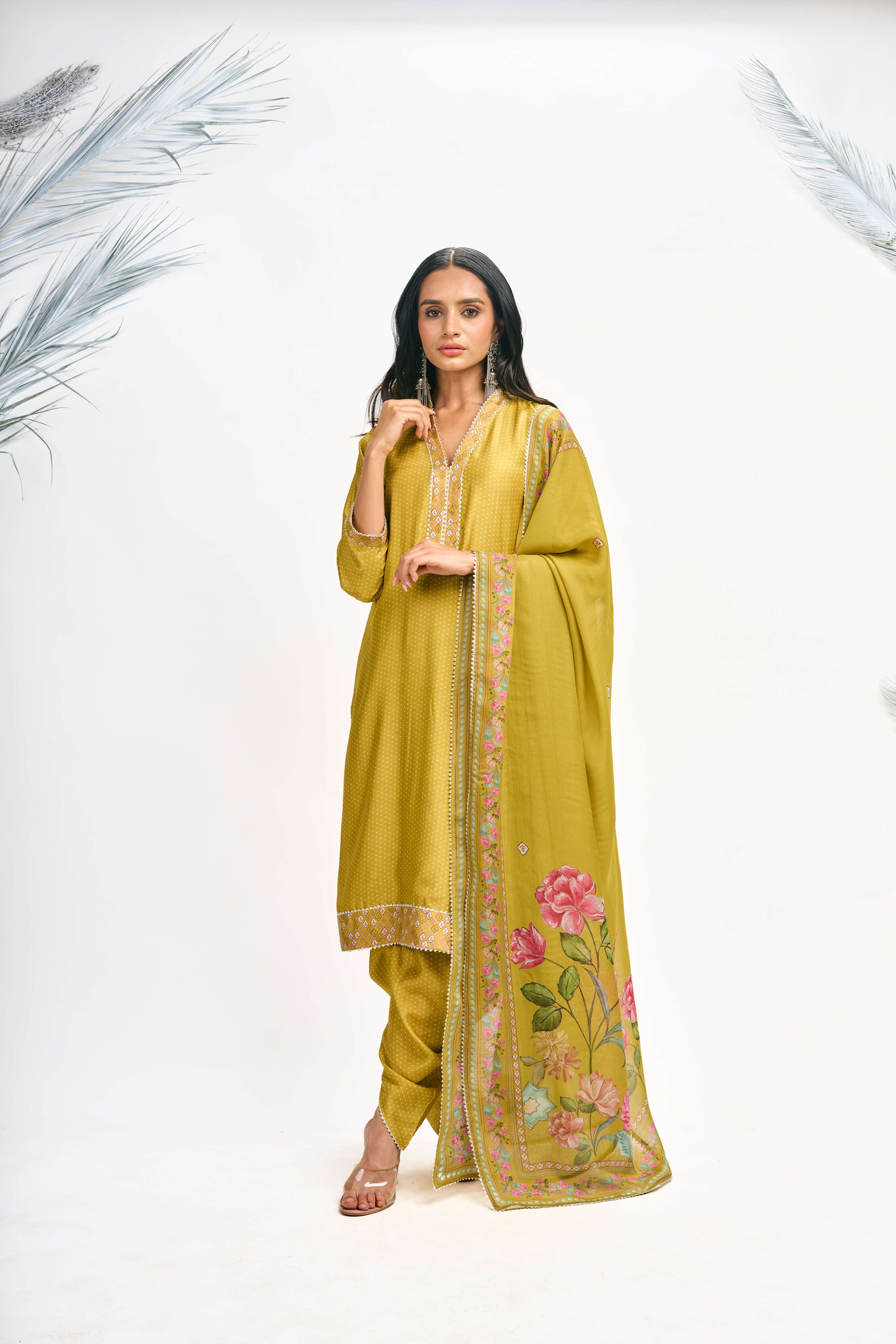 Mustard Green Polka Dot Kurta with Dhoti Pants and Dupatta Set