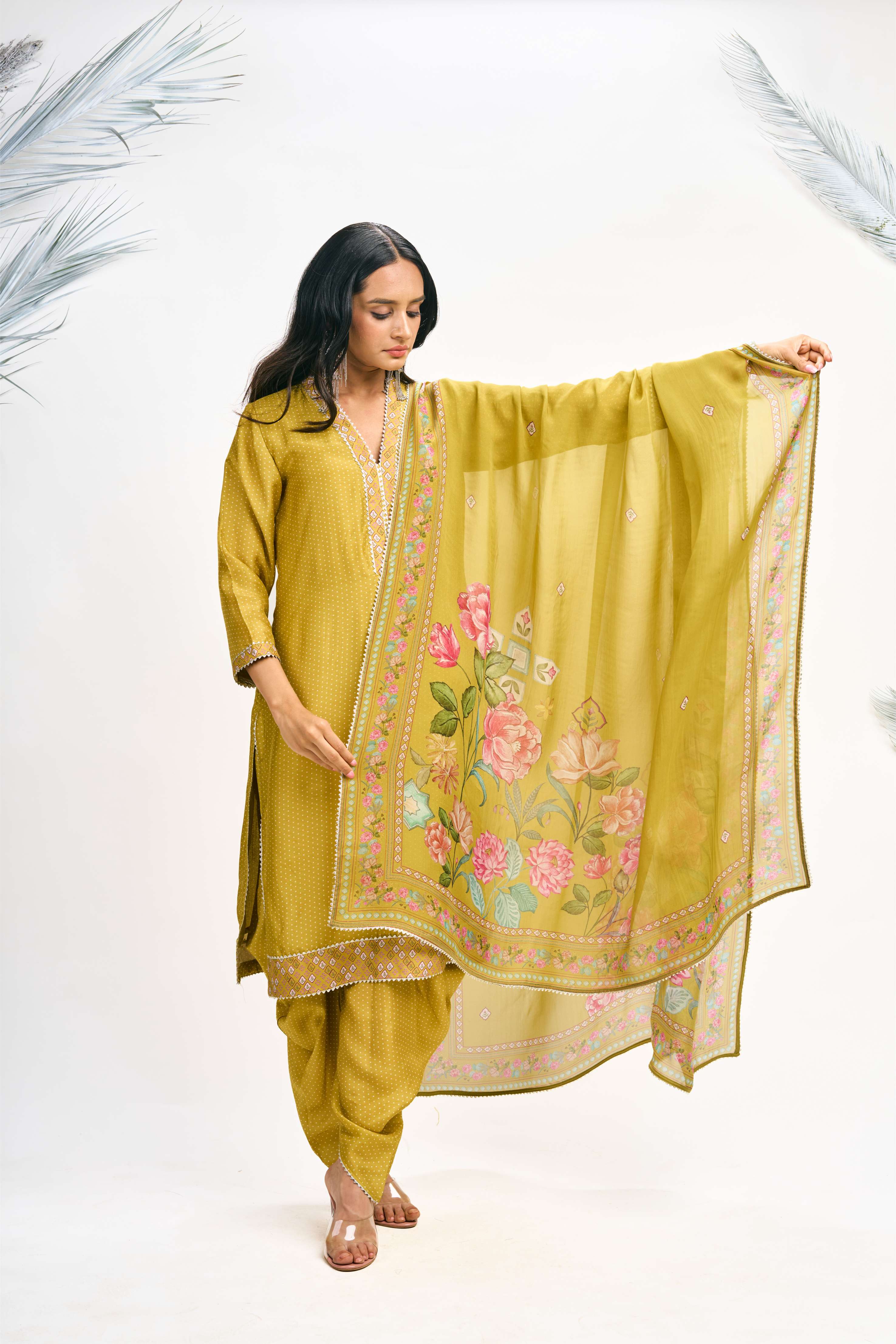 Mustard Green Polka Dot Kurta with Dhoti Pants and Dupatta Set