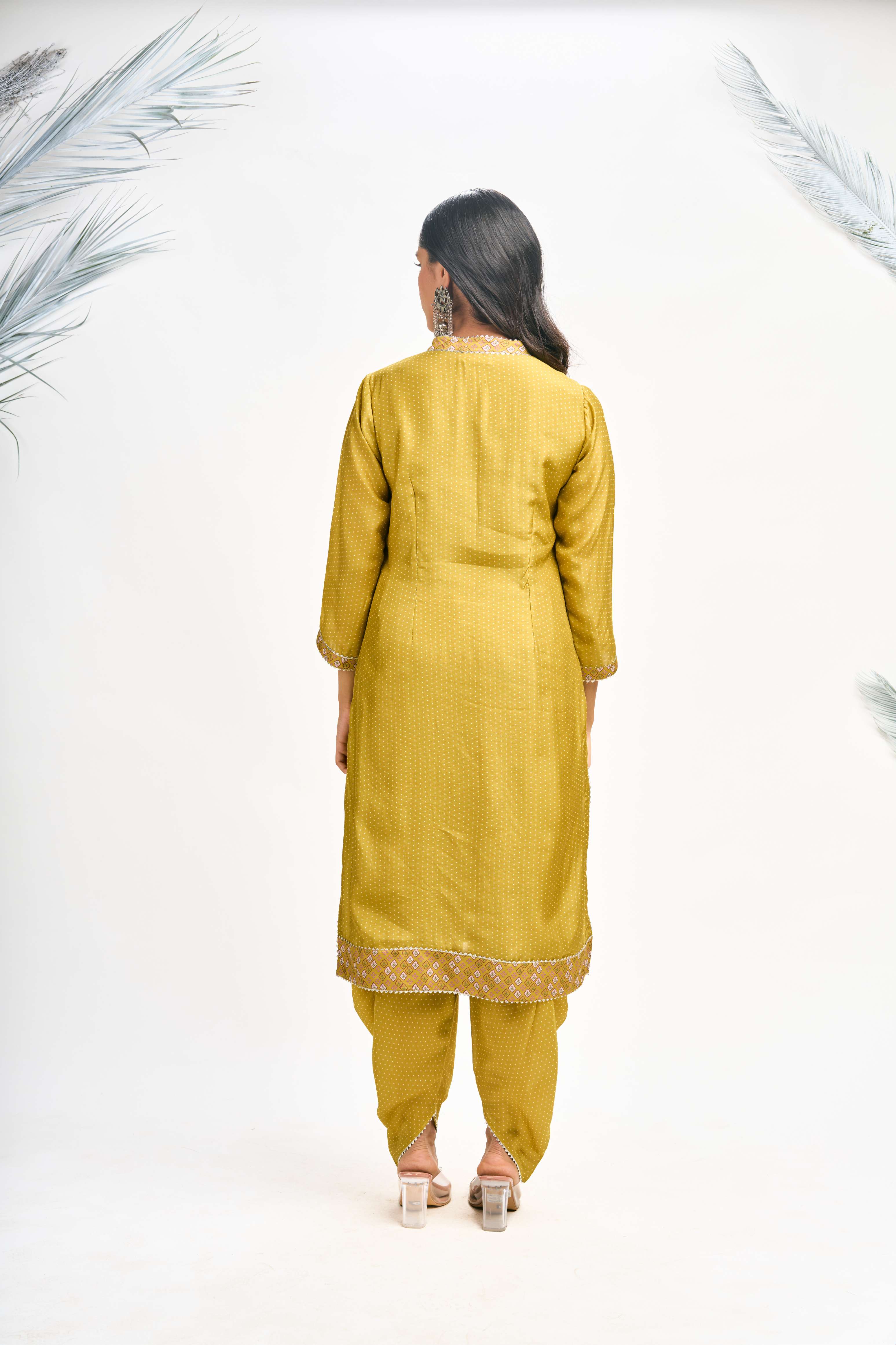 Mustard Green Polka Dot Kurta with Dhoti Pants and Dupatta Set