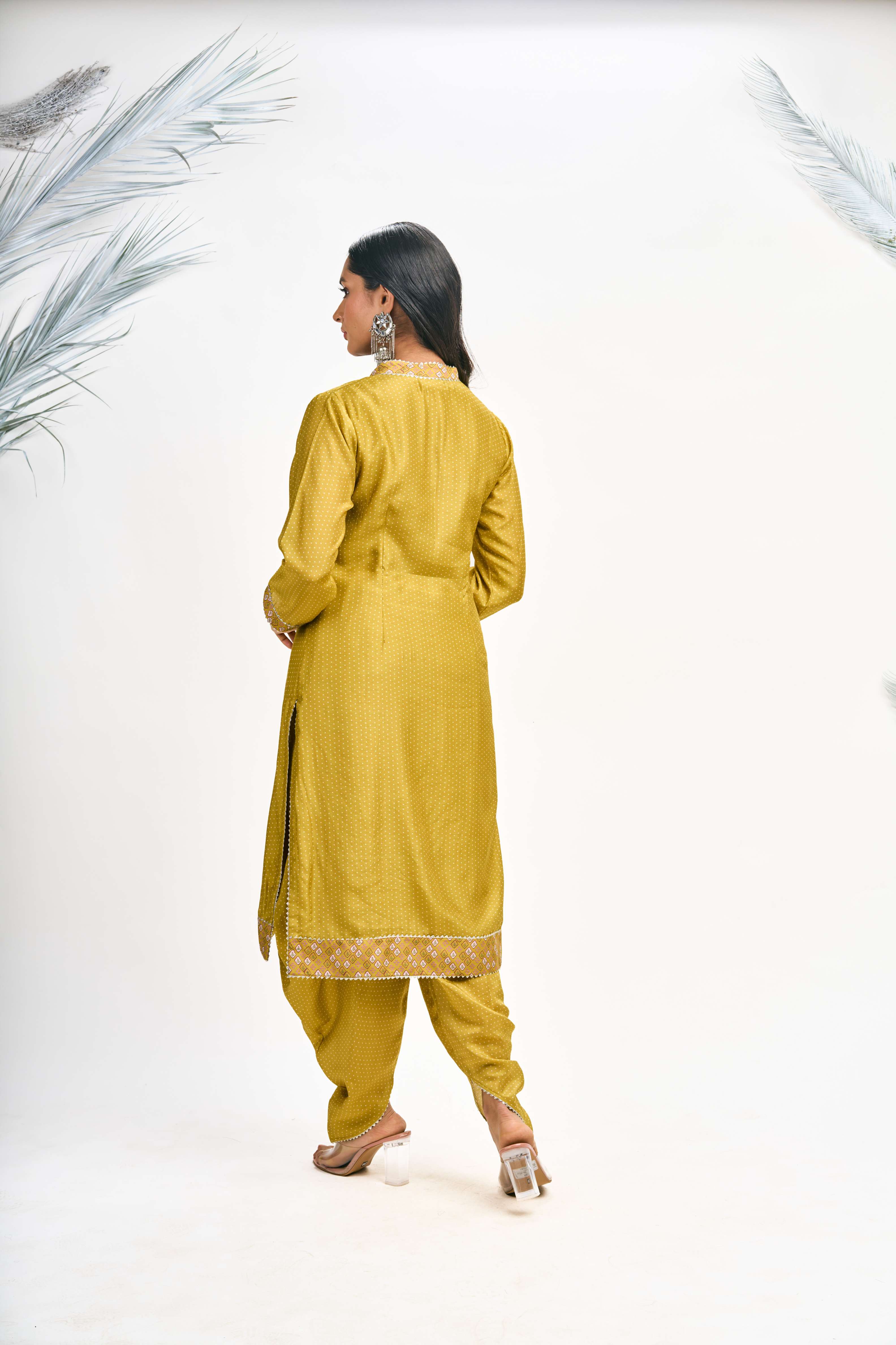 Mustard Green Polka Dot Kurta with Dhoti Pants and Dupatta Set