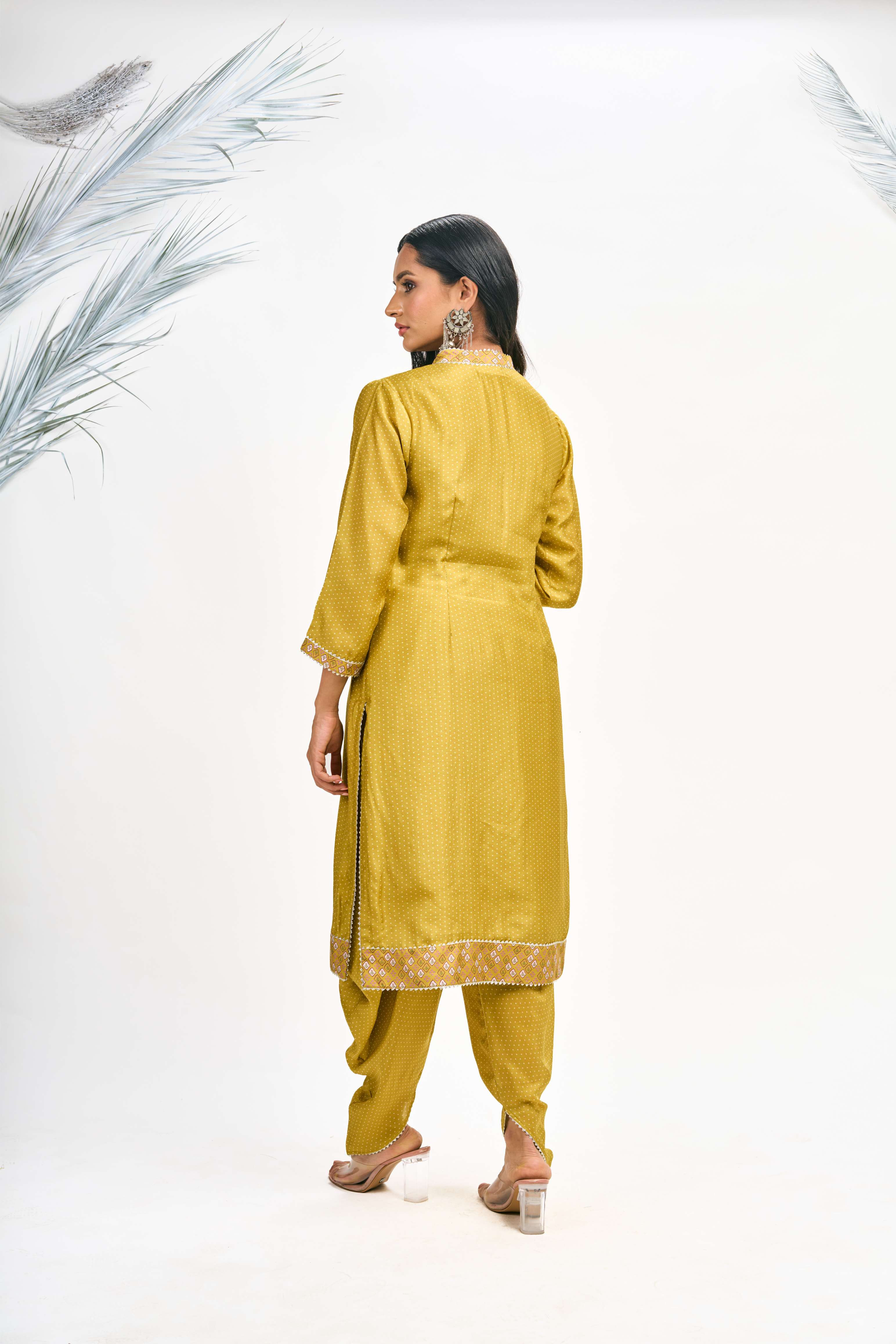 Mustard Green Polka Dot Kurta with Dhoti Pants and Dupatta Set