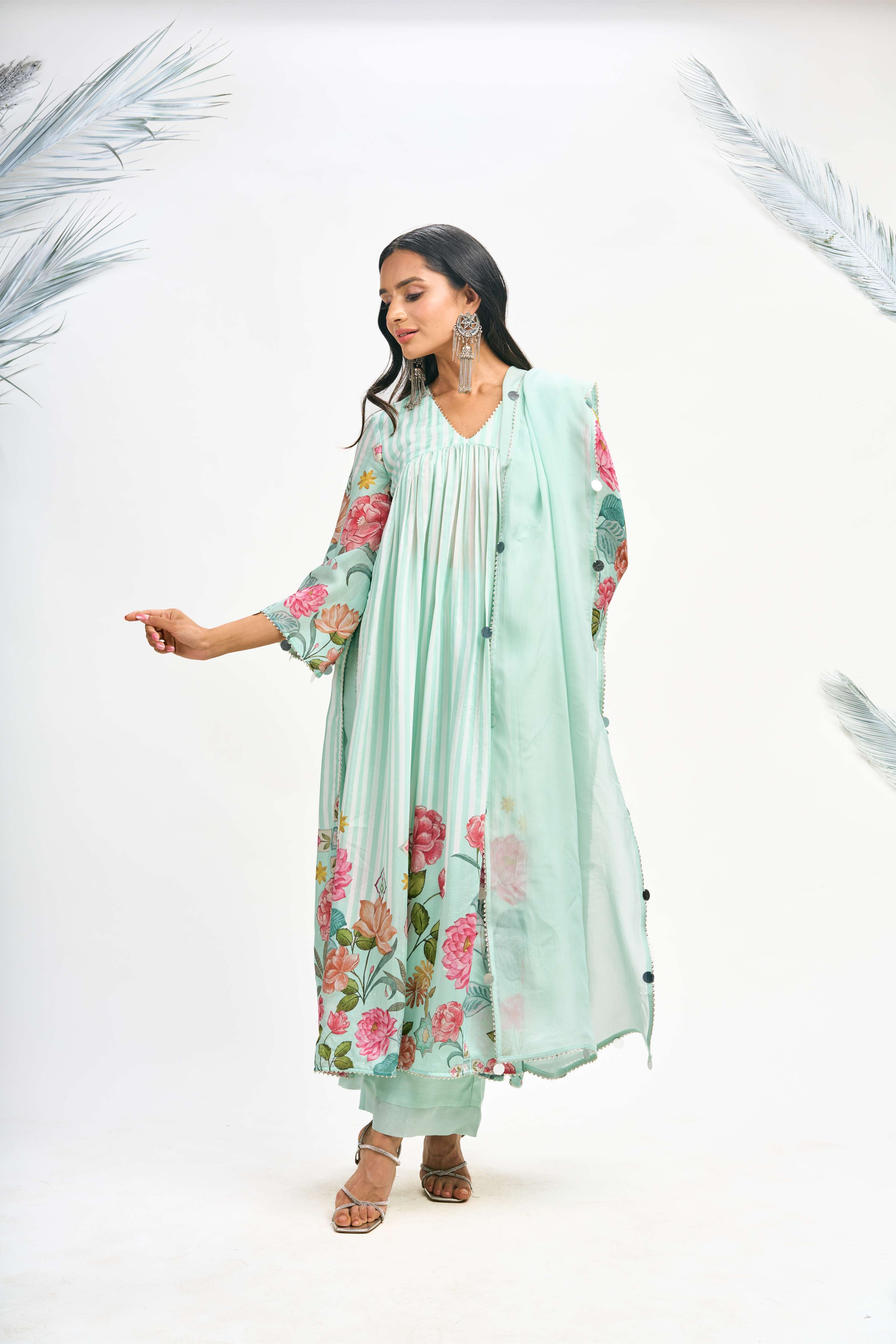 Turquoise Digital Printed Kurta Set