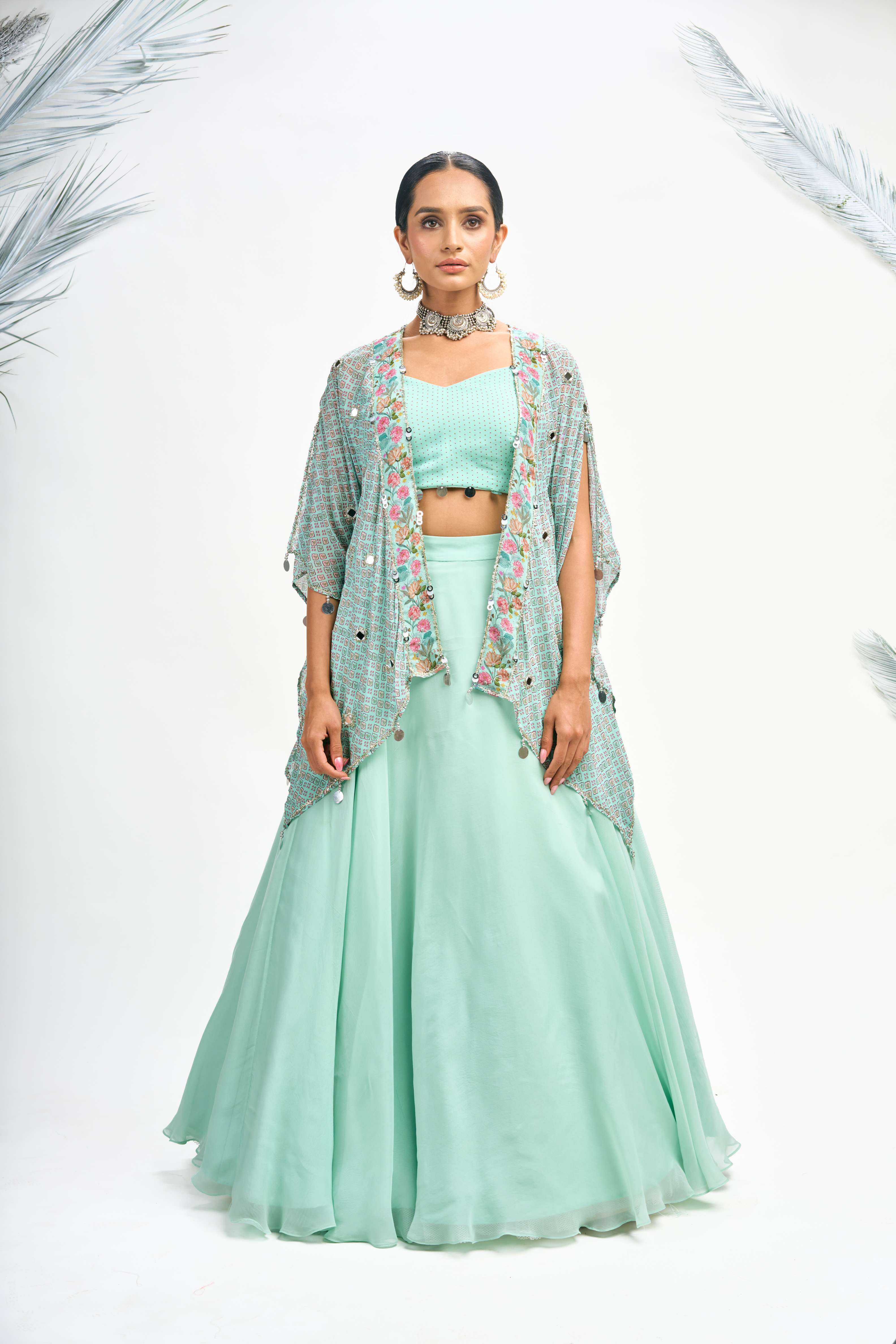 Turquoise Digital Printed Cape with Skirt and Crop Top Set