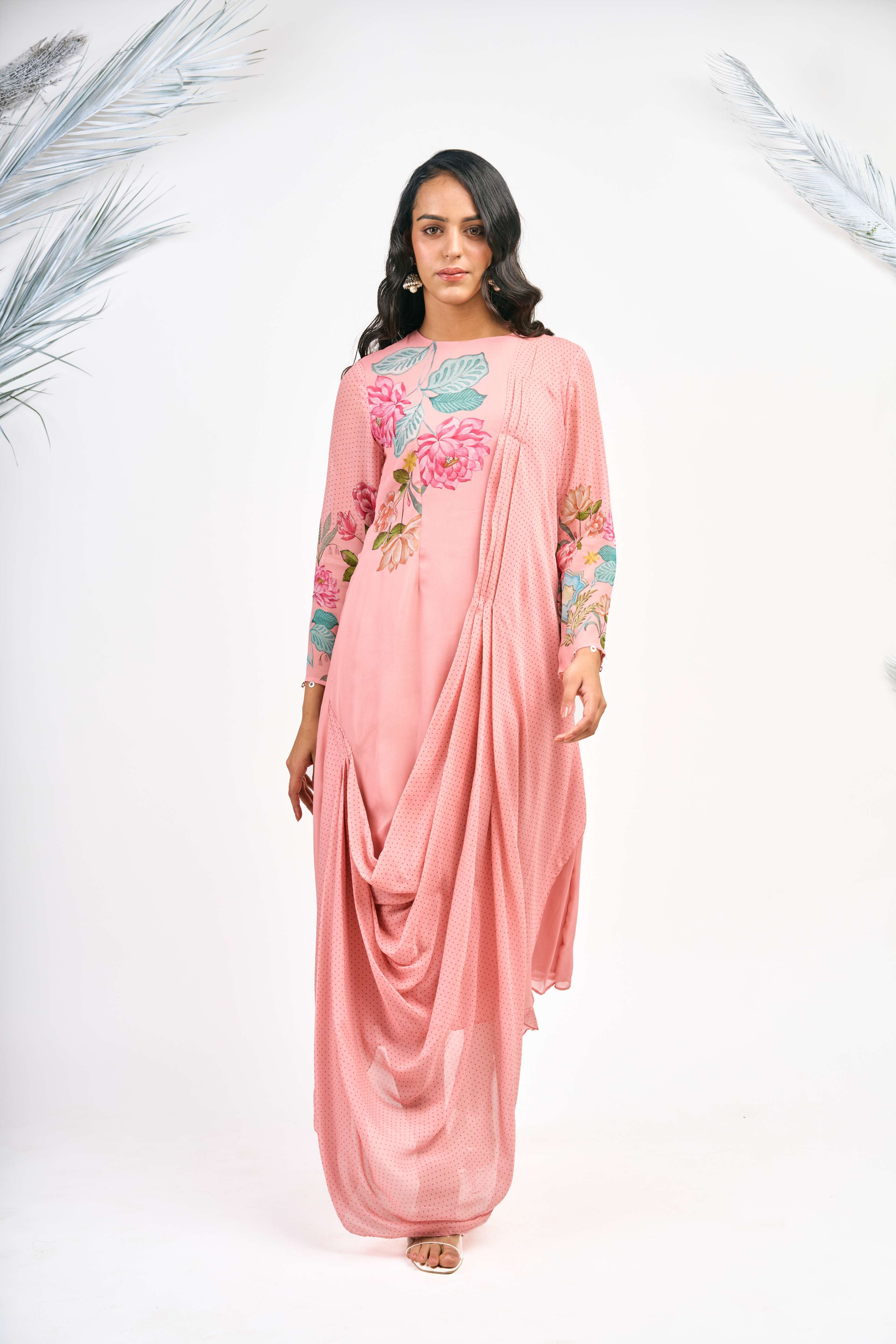 Peach Digital Printed Drape Dress