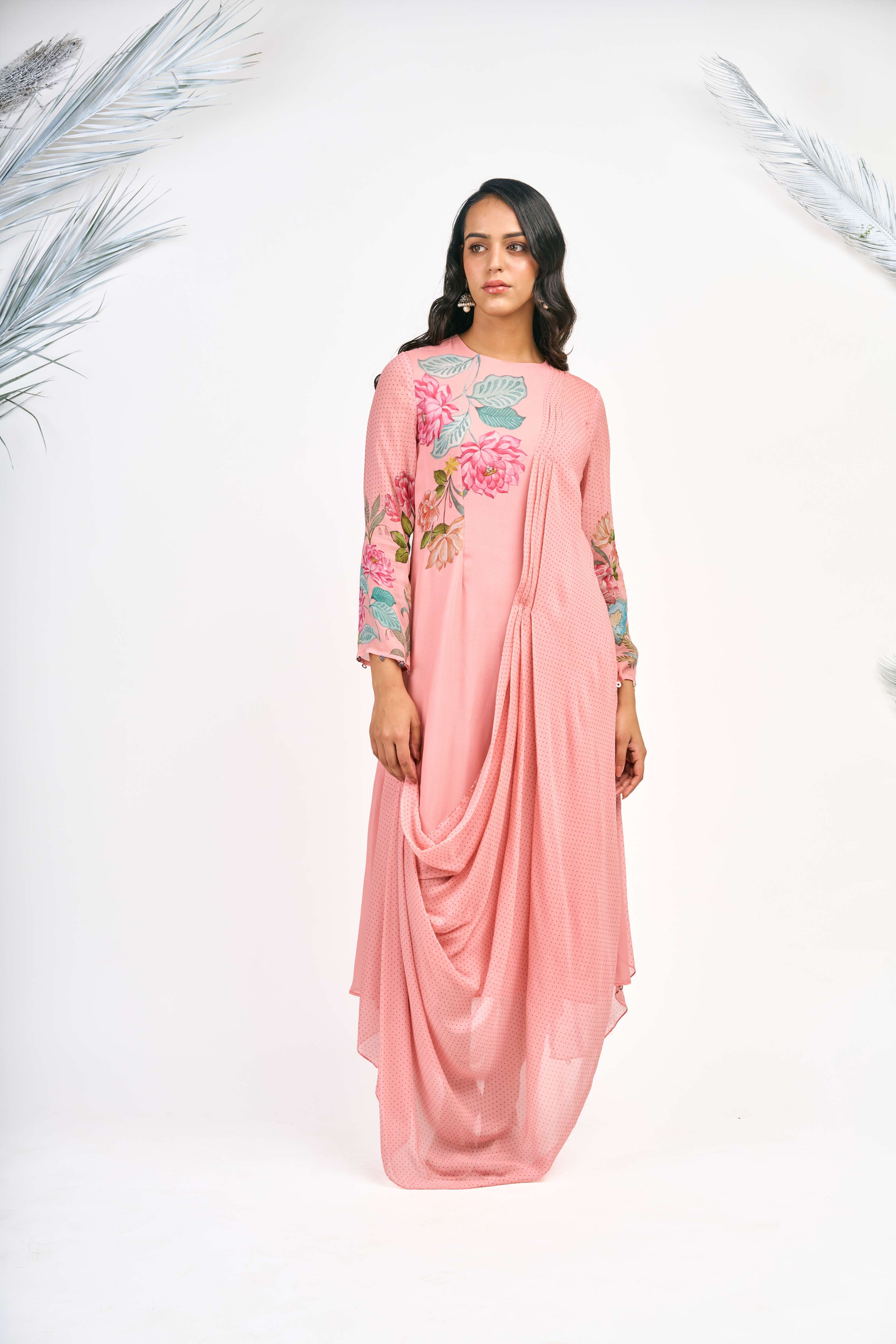 Peach Digital Printed Drape Dress