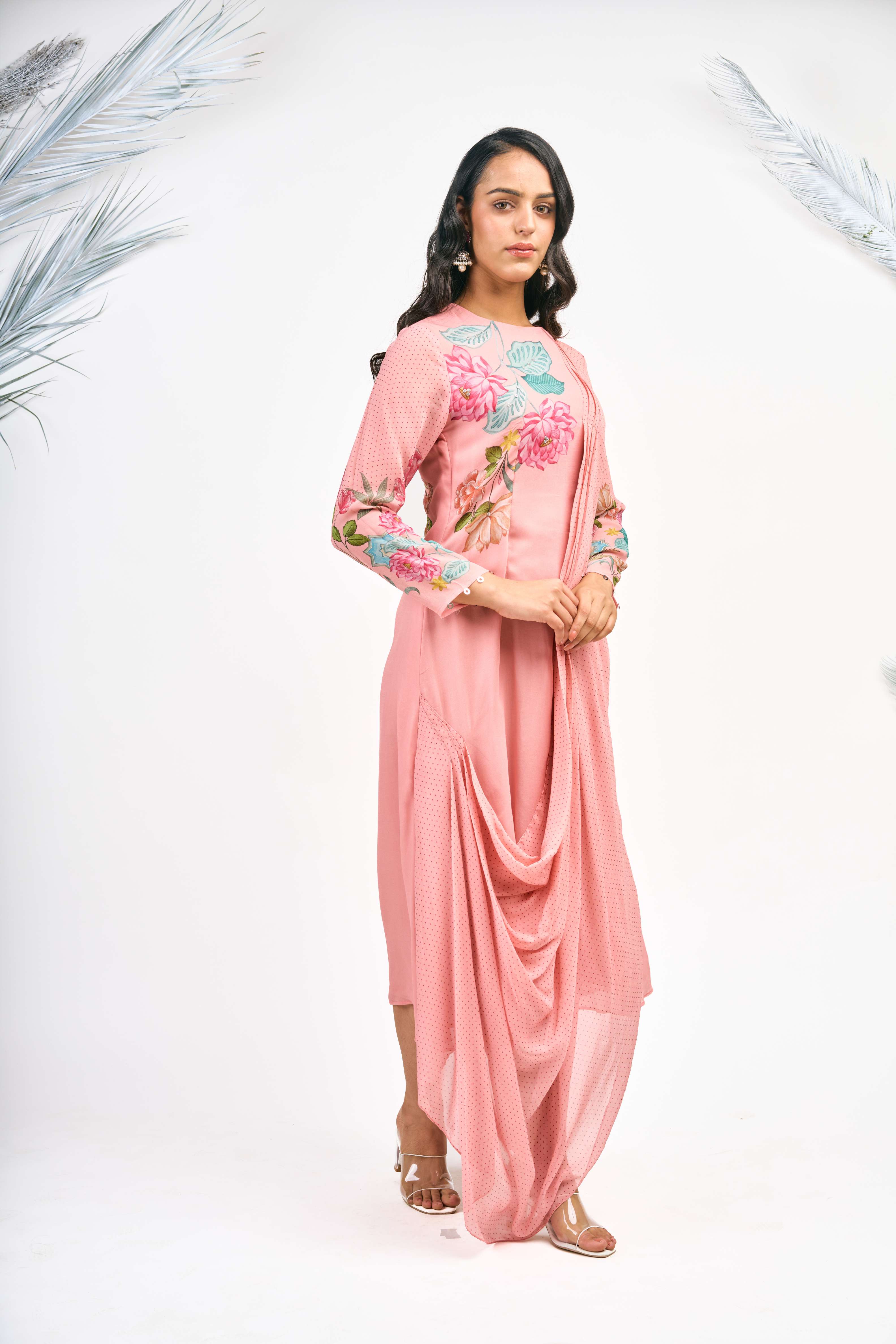 Peach Digital Printed Drape Dress