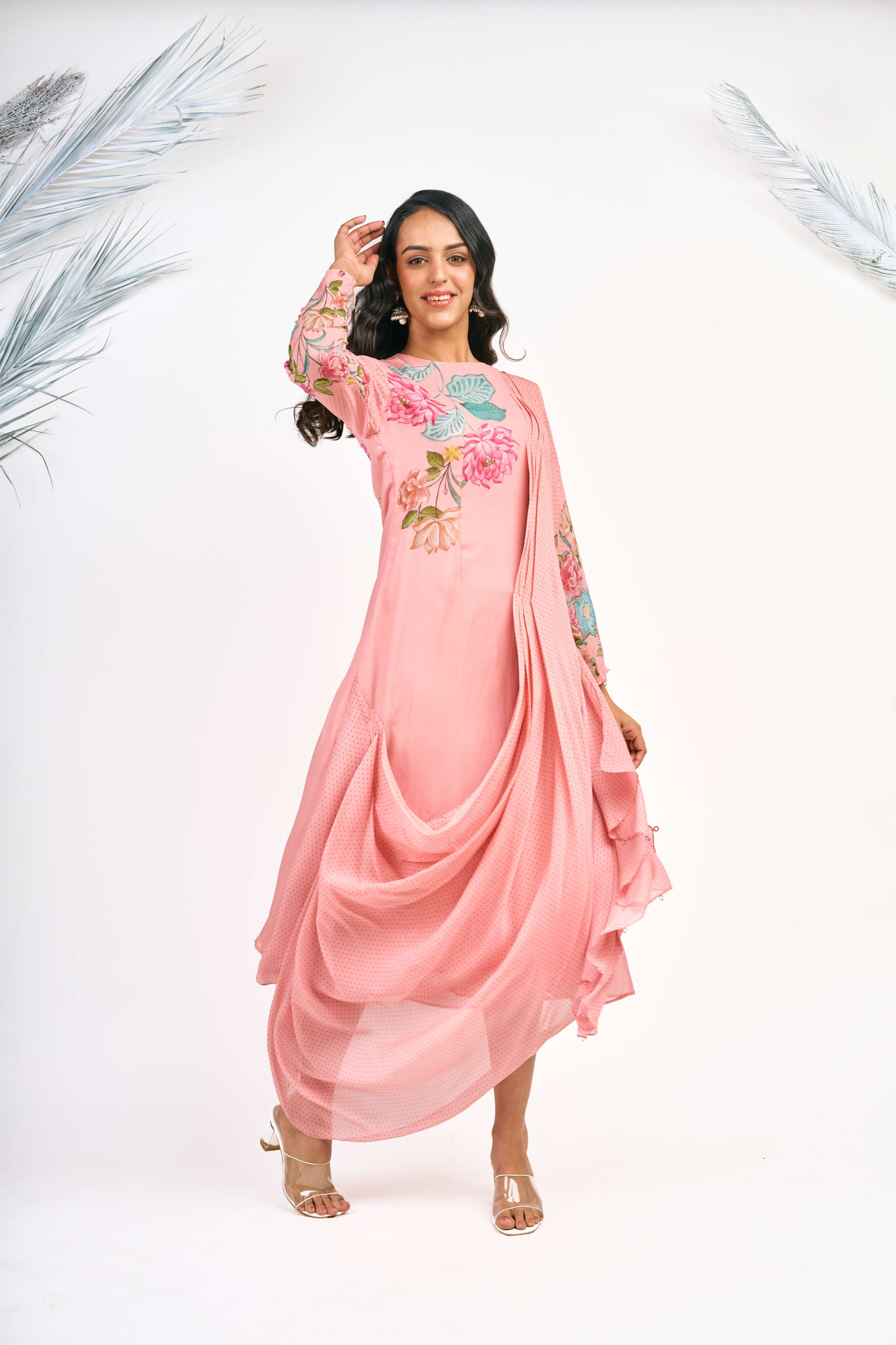 Peach Digital Printed Drape Dress