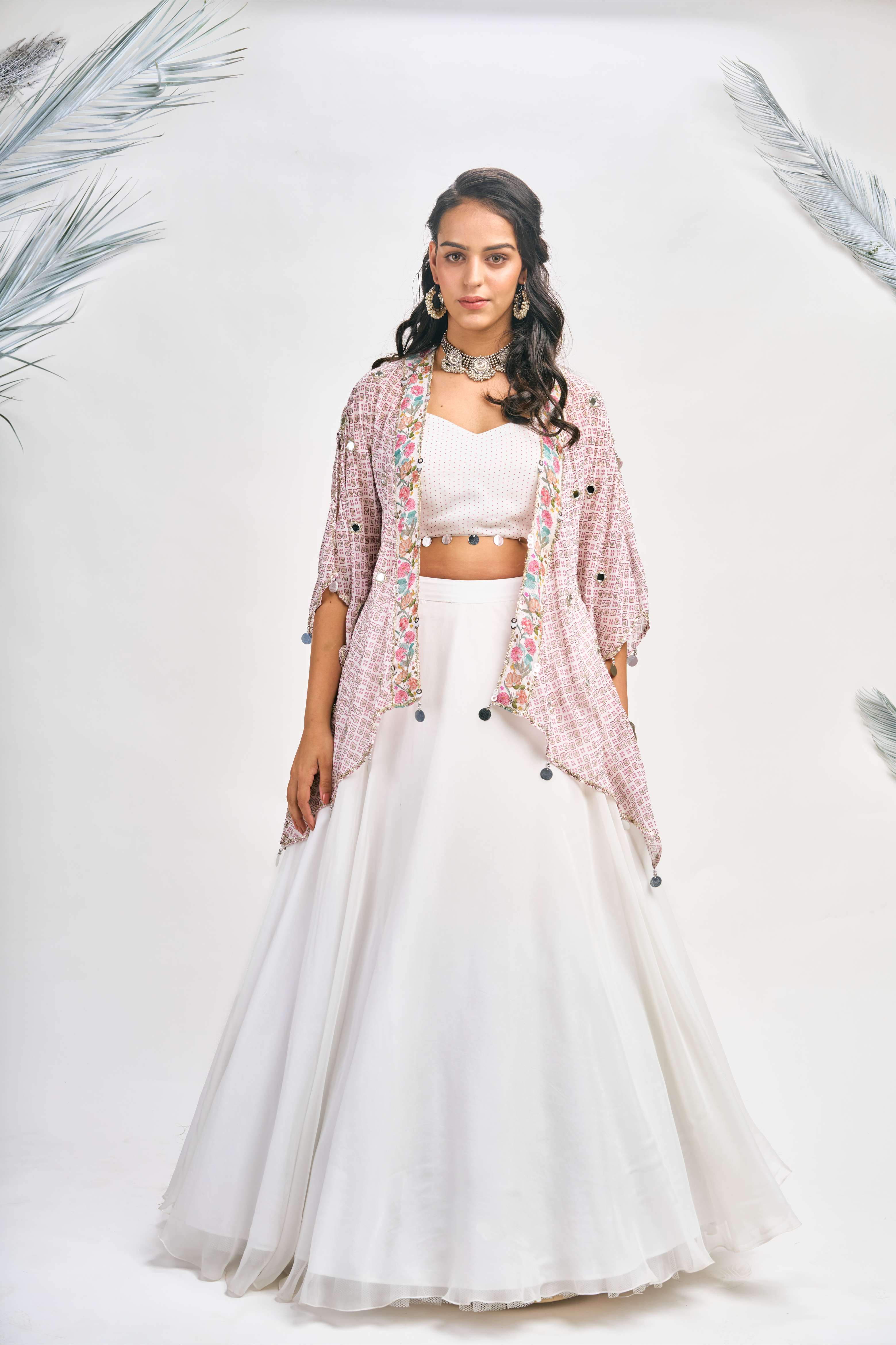 White Digital Printed Cape with Skirt and Crop Top Set