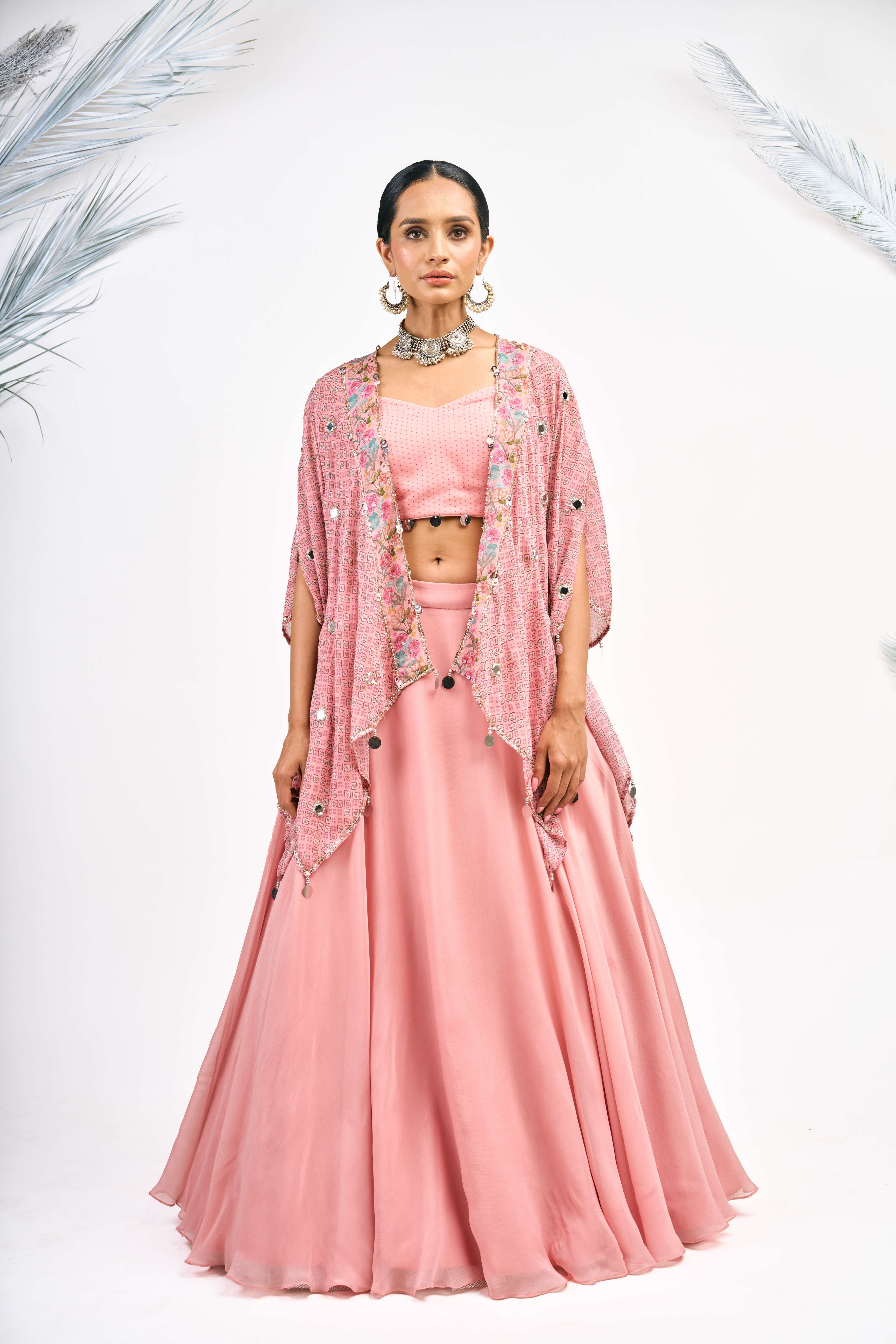 Peach Digital Printed Cape with Skirt and Crop Top Set