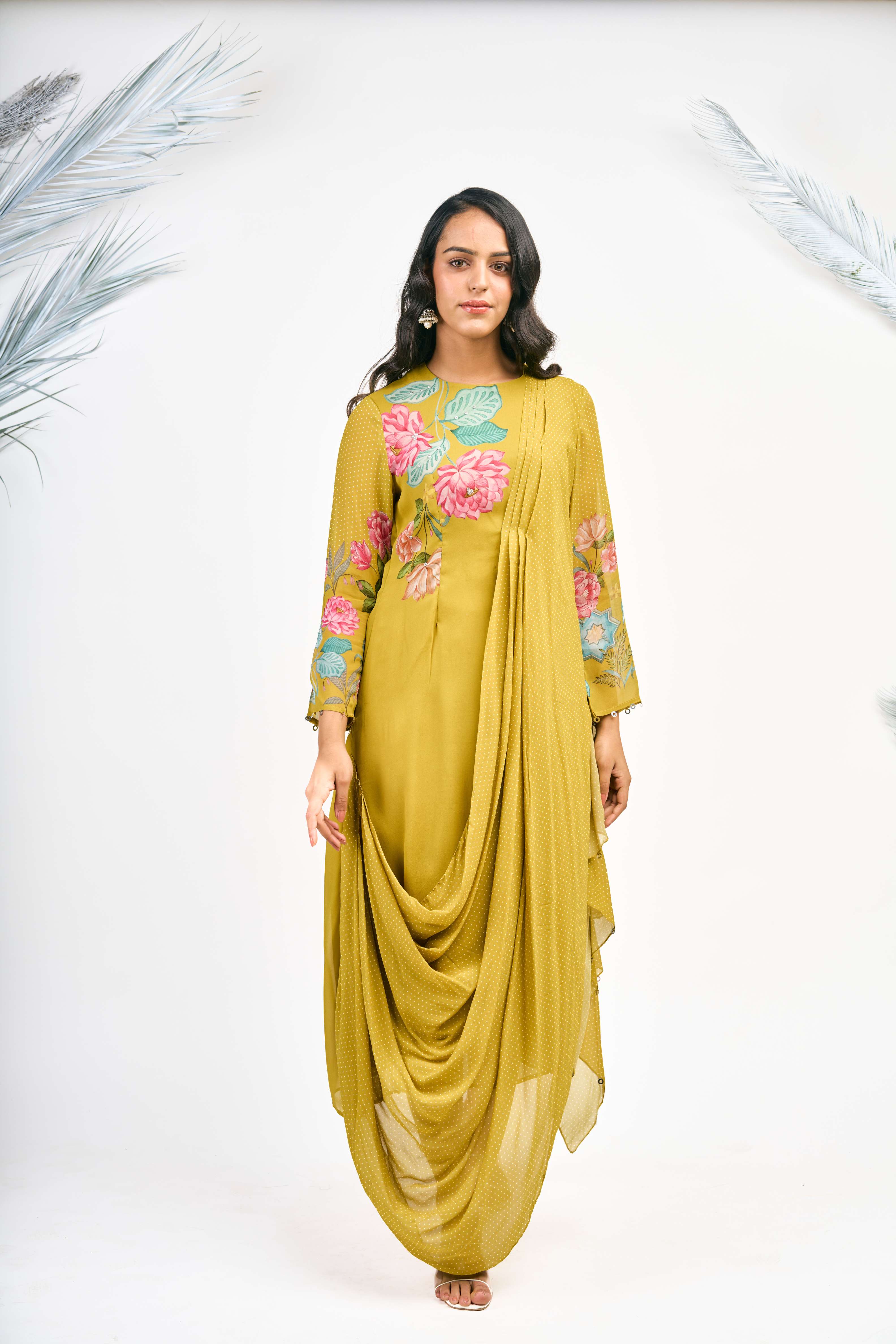 Mustard Green Digital Printed Drape Dress