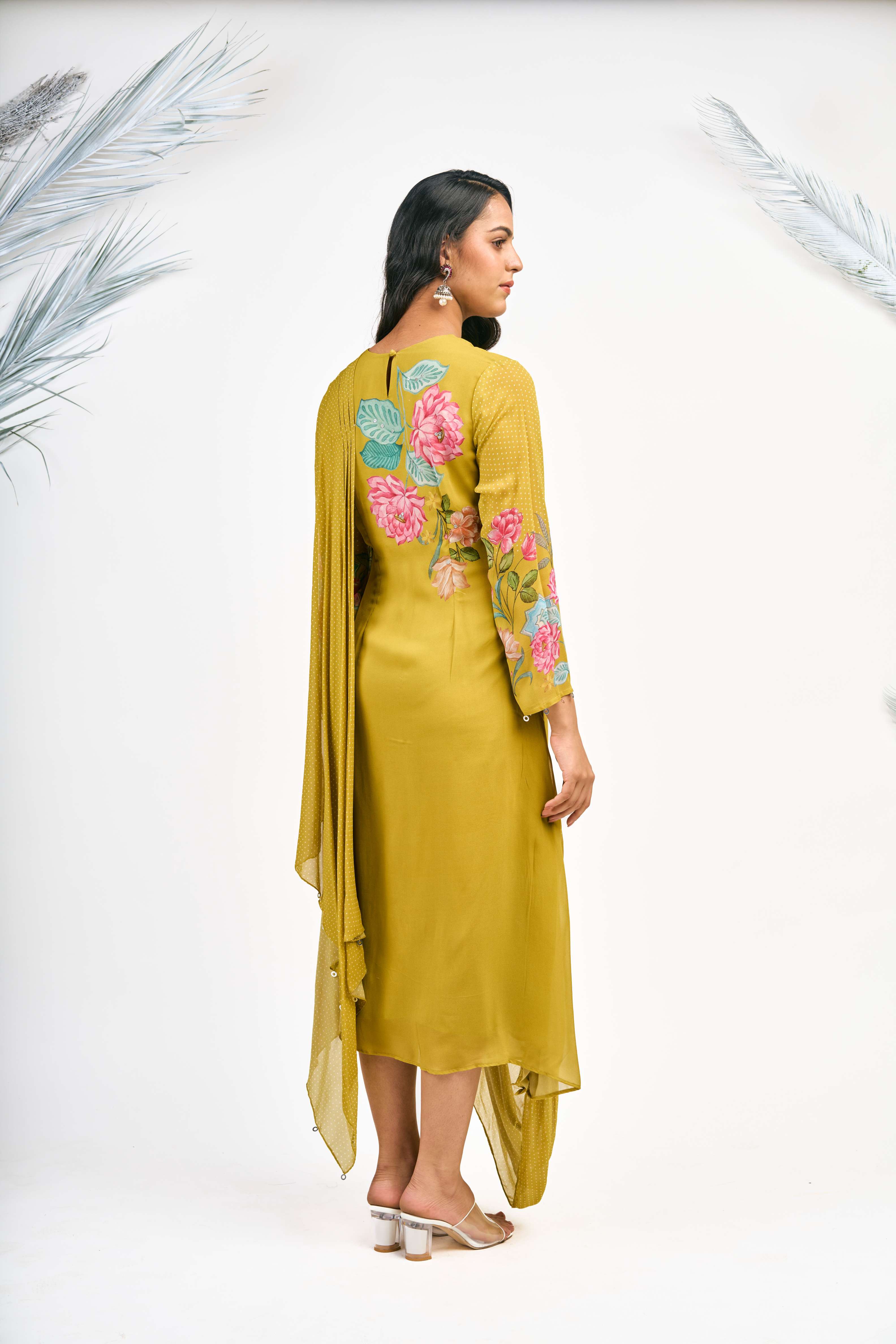 Mustard Green Digital Printed Drape Dress