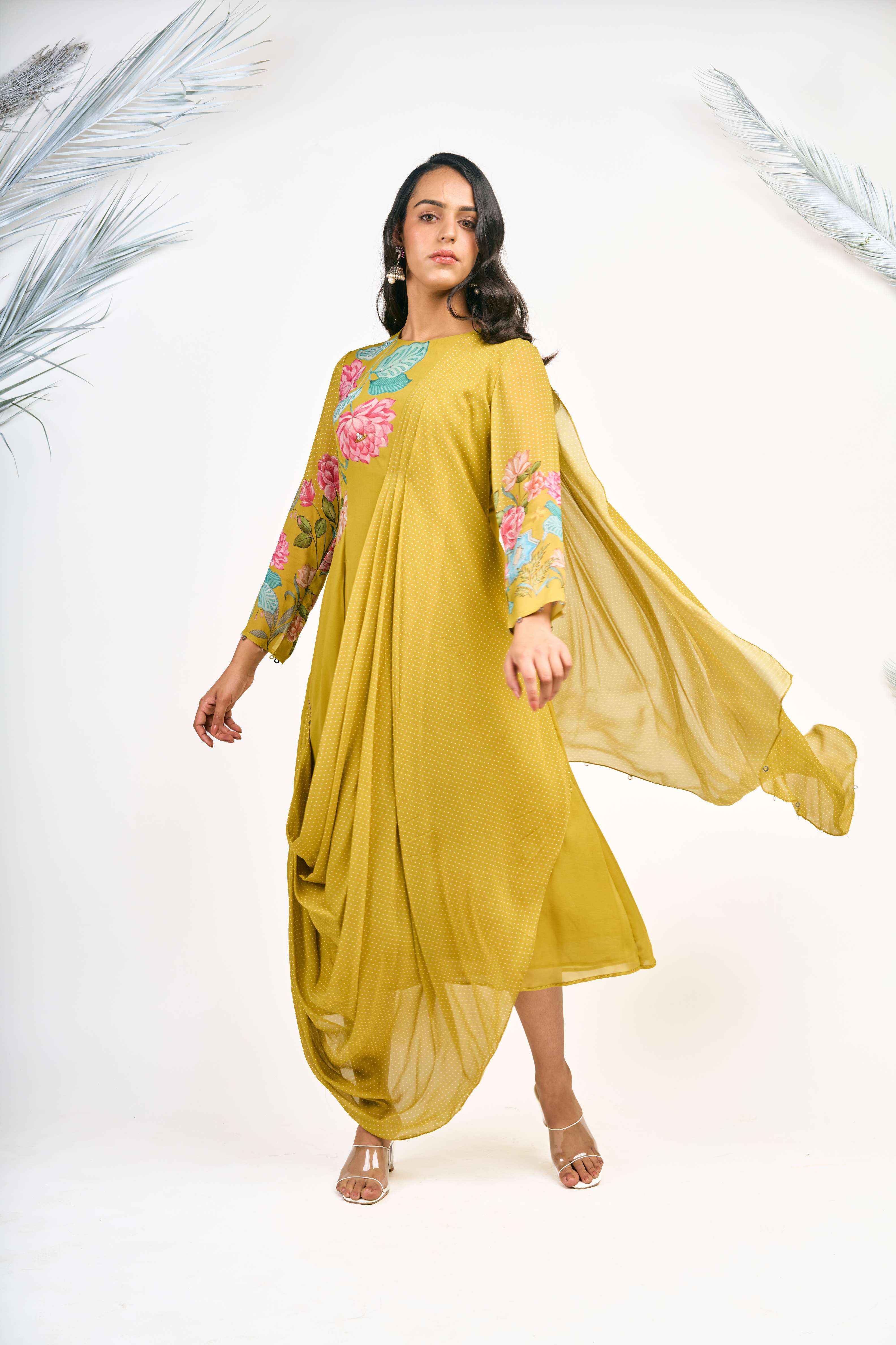 Mustard Green Digital Printed Drape Dress