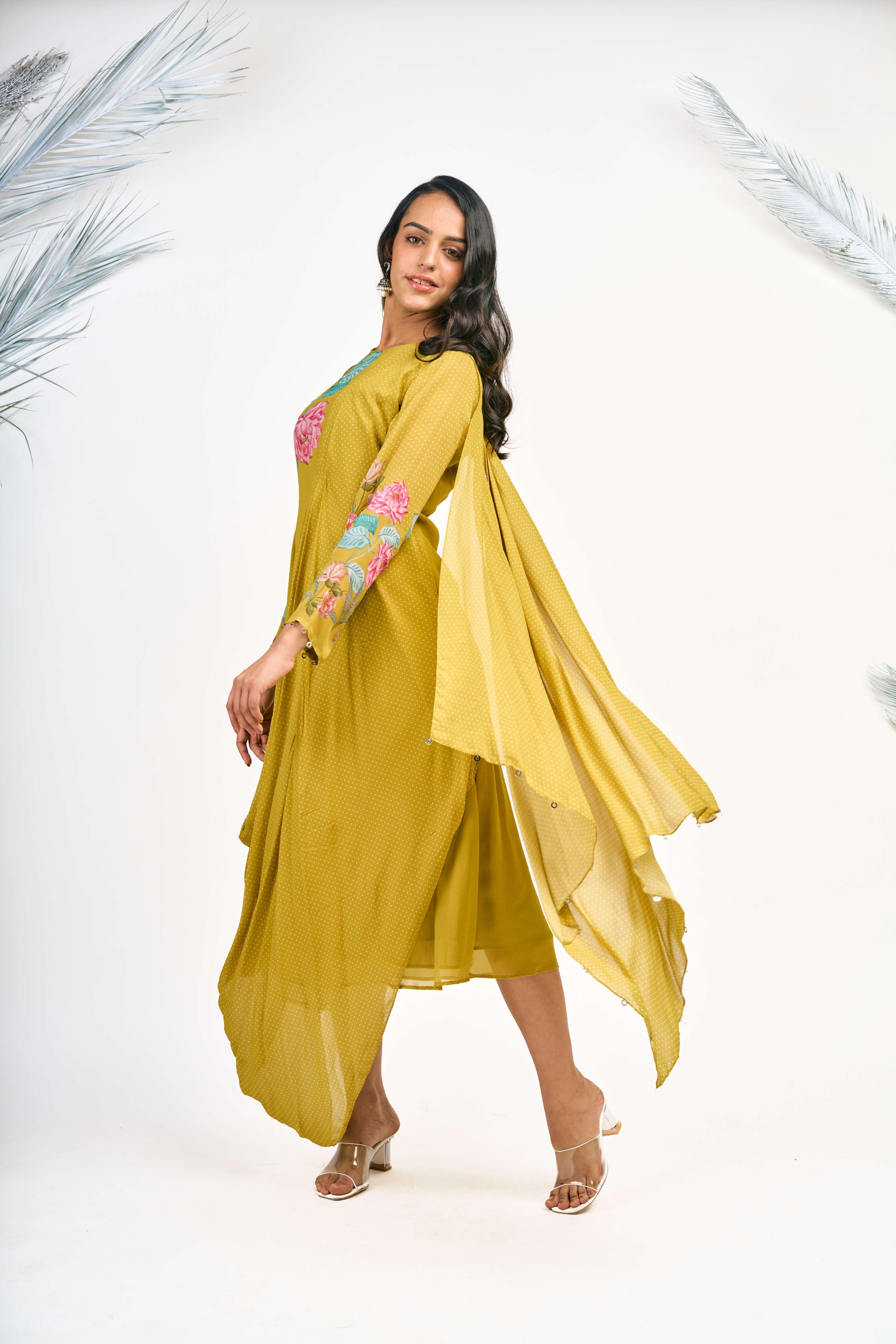 Mustard Green Digital Printed Drape Dress