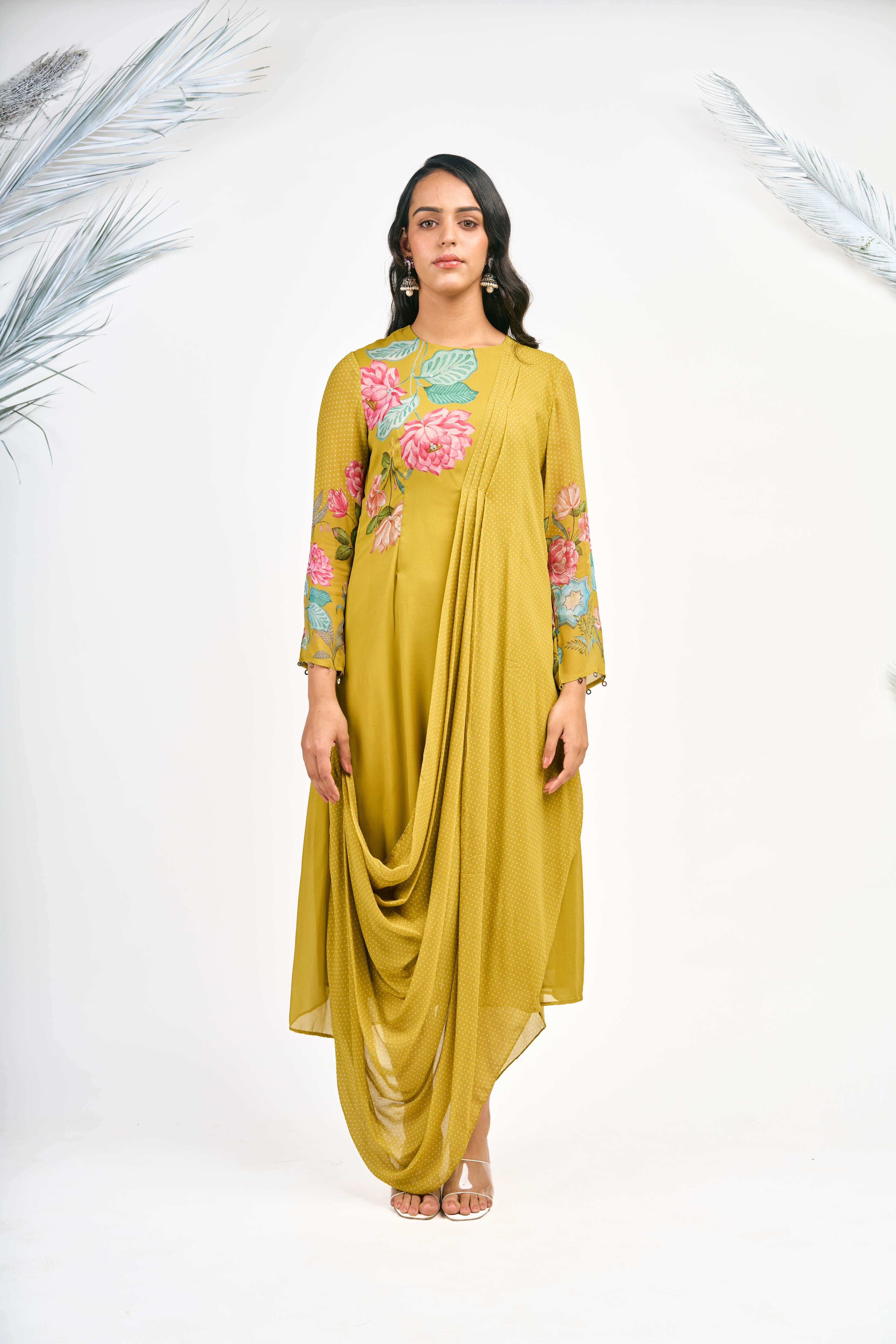 Mustard Green Digital Printed Drape Dress