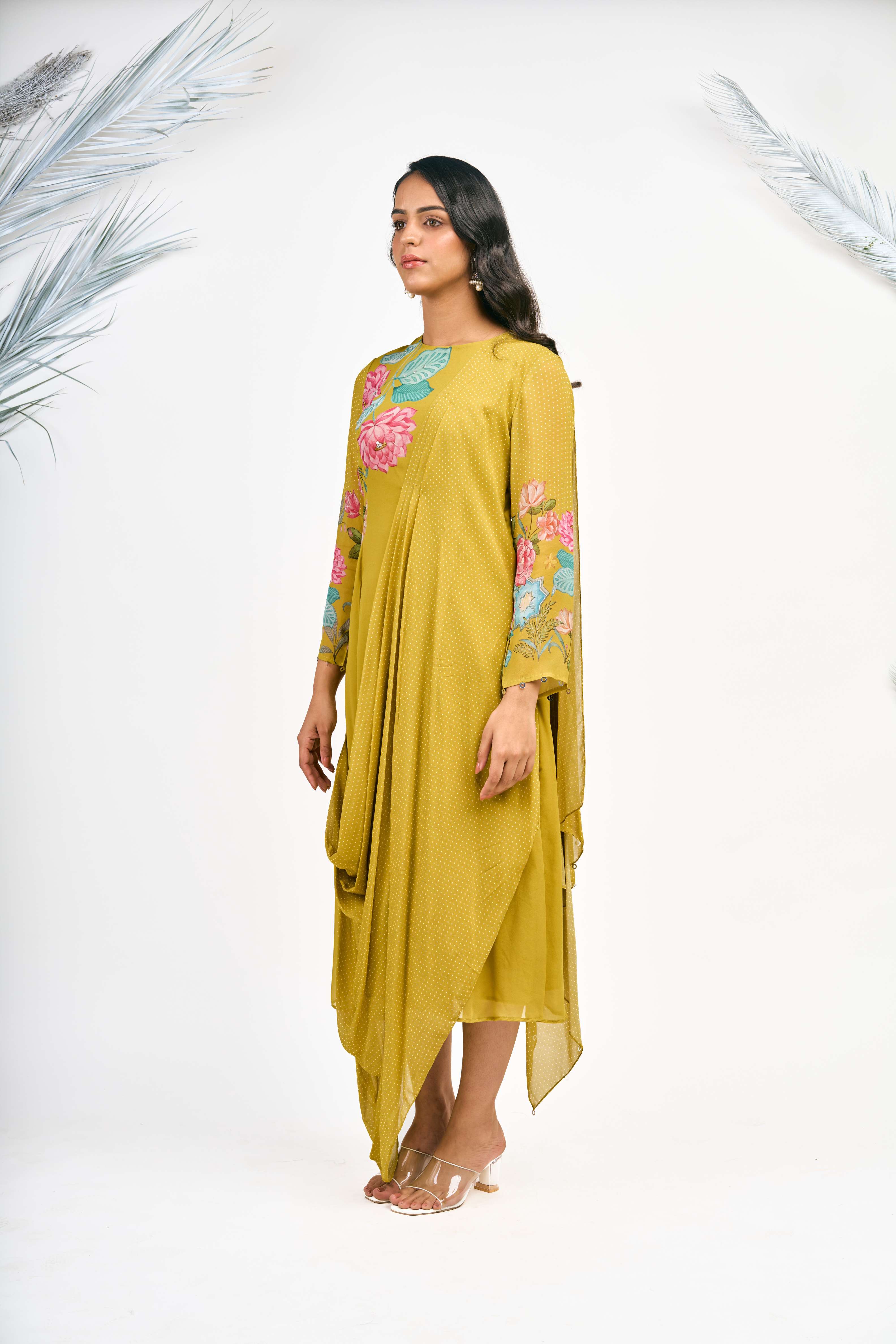 Mustard Green Digital Printed Drape Dress