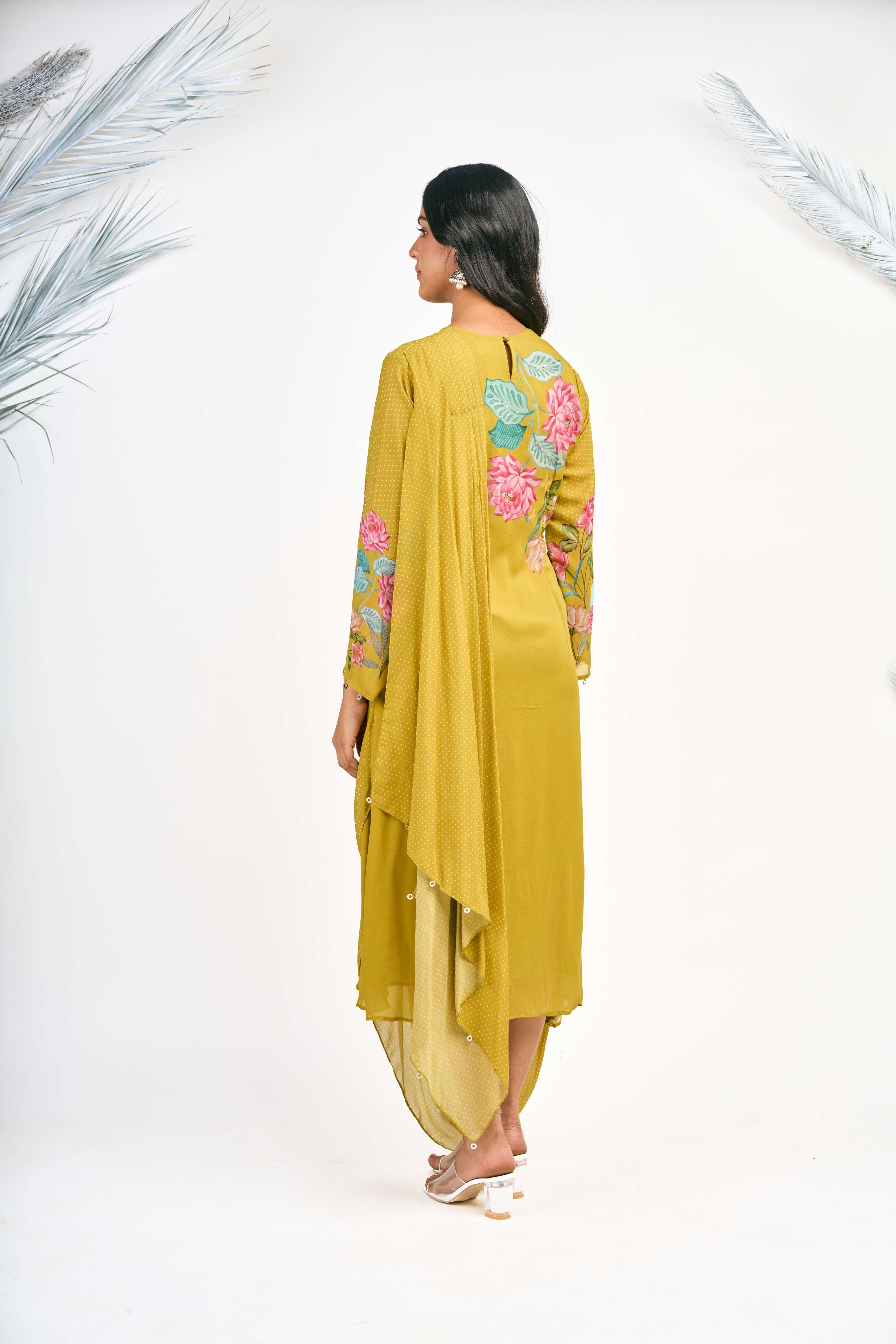 Mustard Green Digital Printed Drape Dress