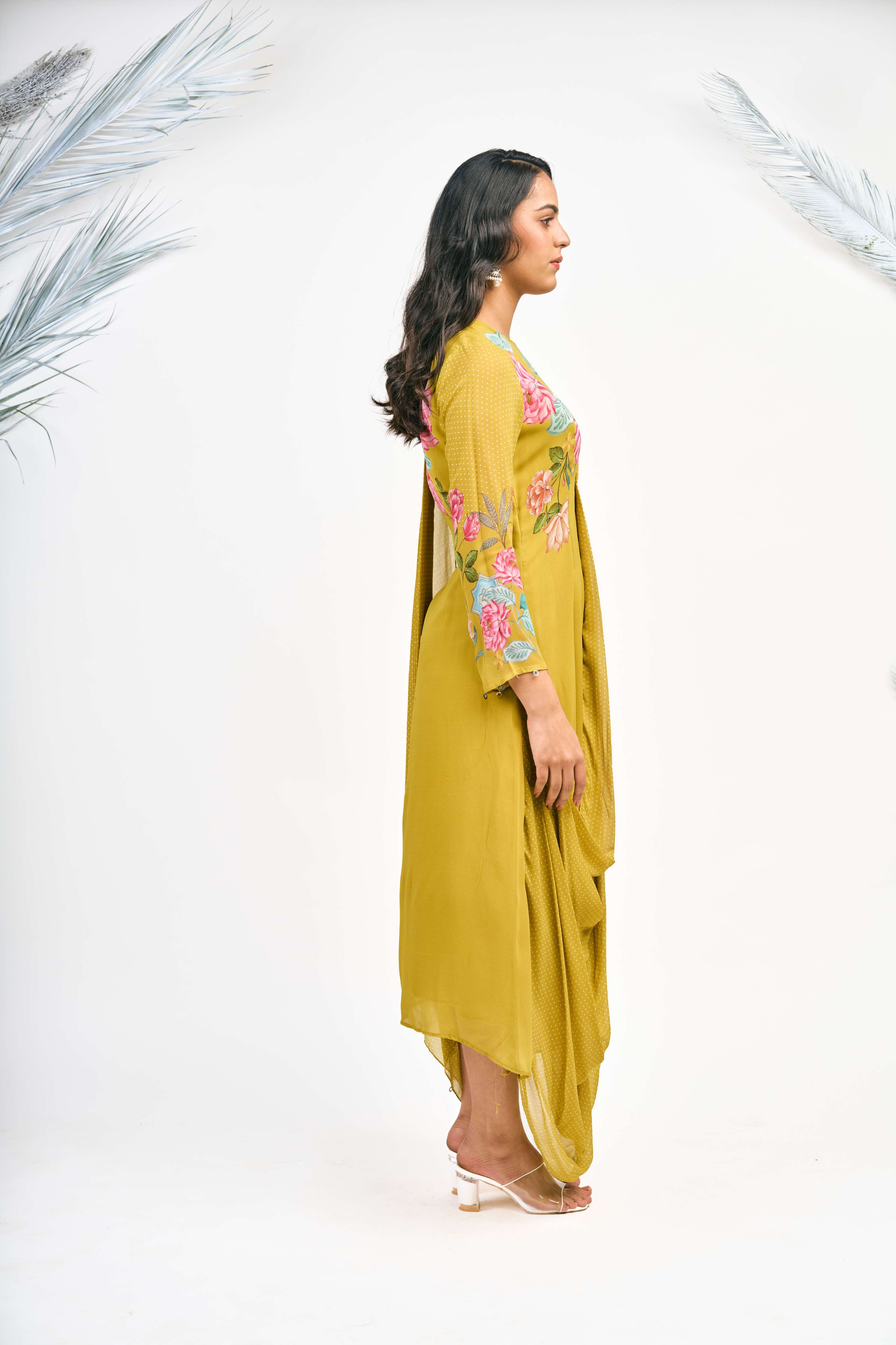 Mustard Green Digital Printed Drape Dress