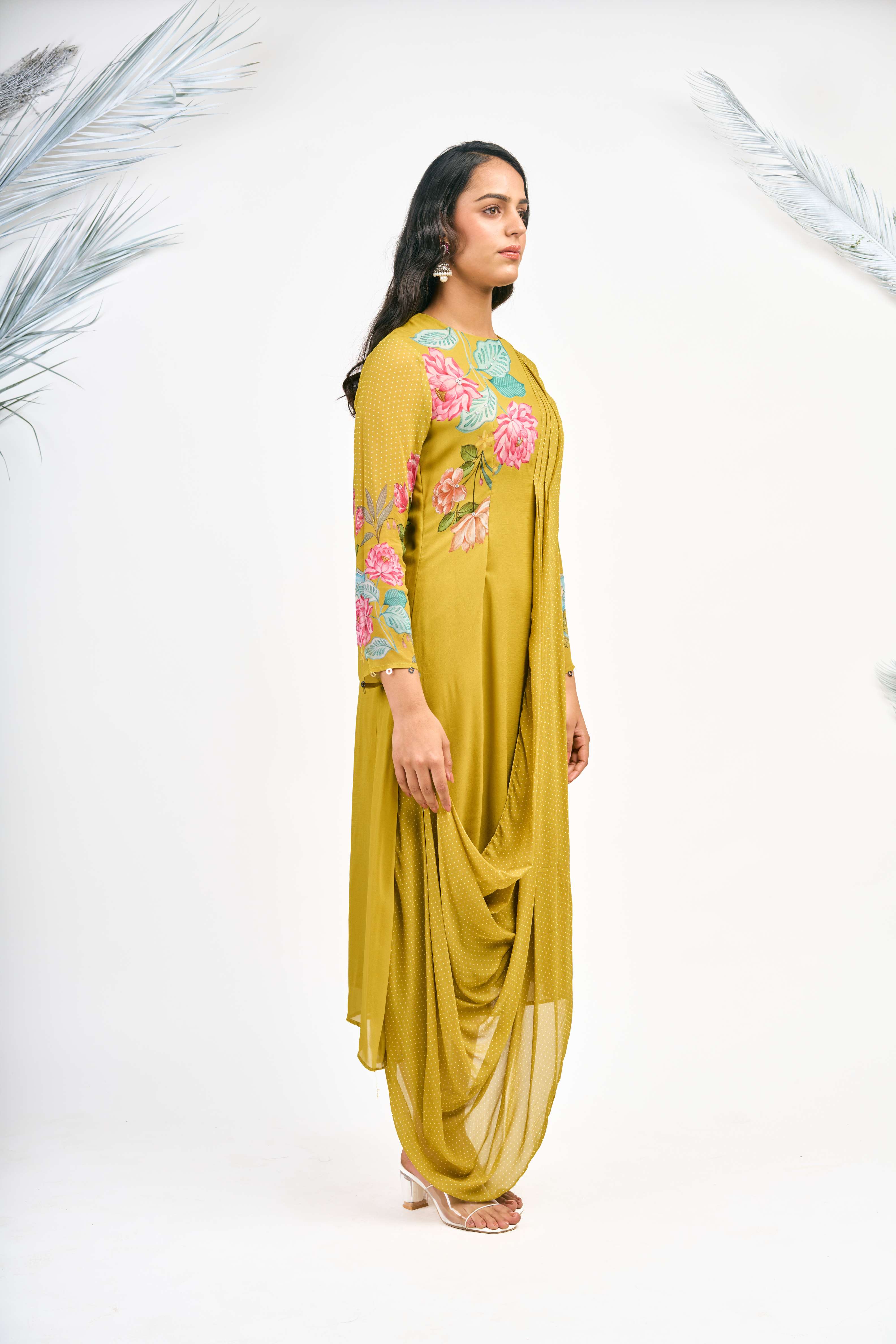 Mustard Green Digital Printed Drape Dress