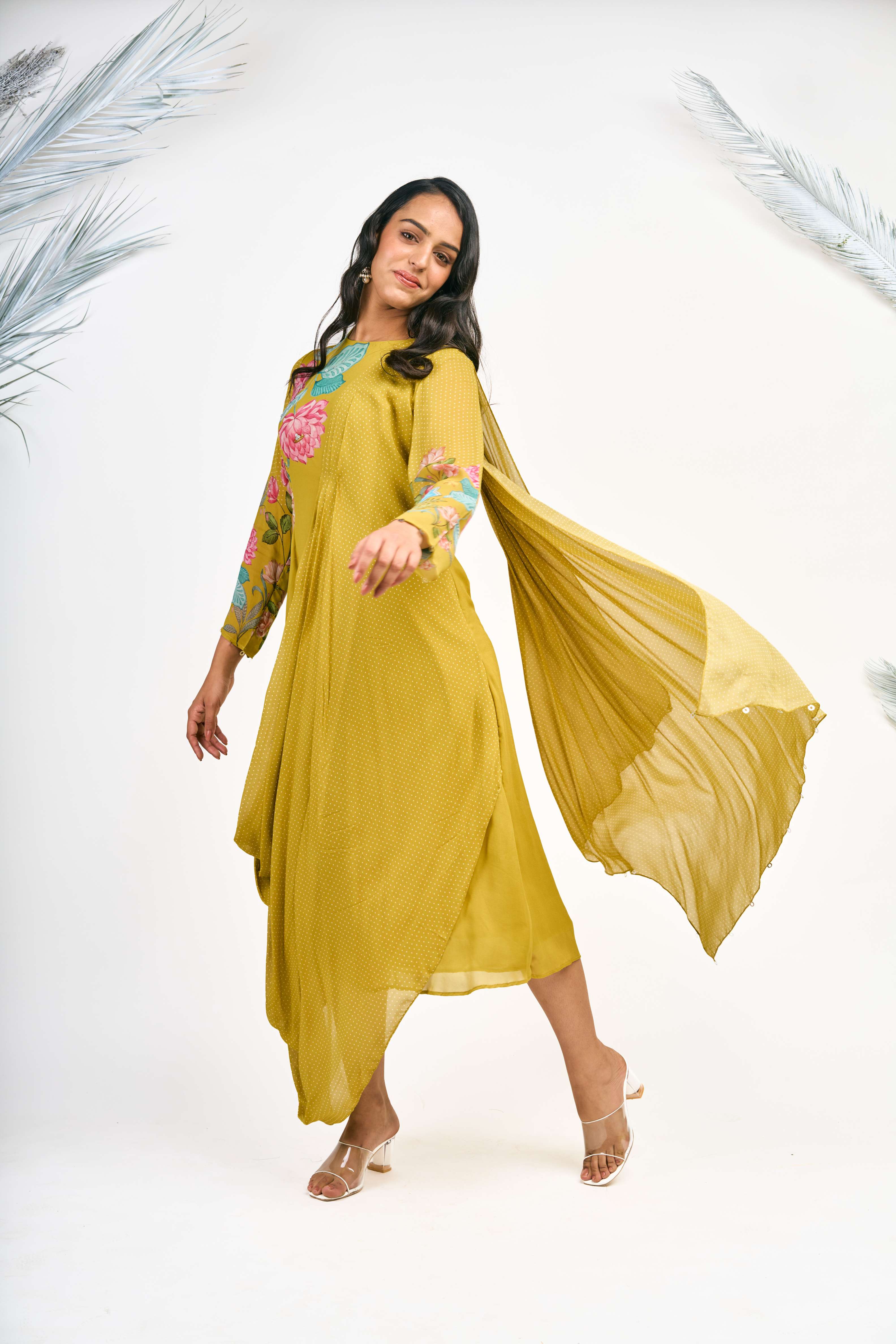 Mustard Green Digital Printed Drape Dress