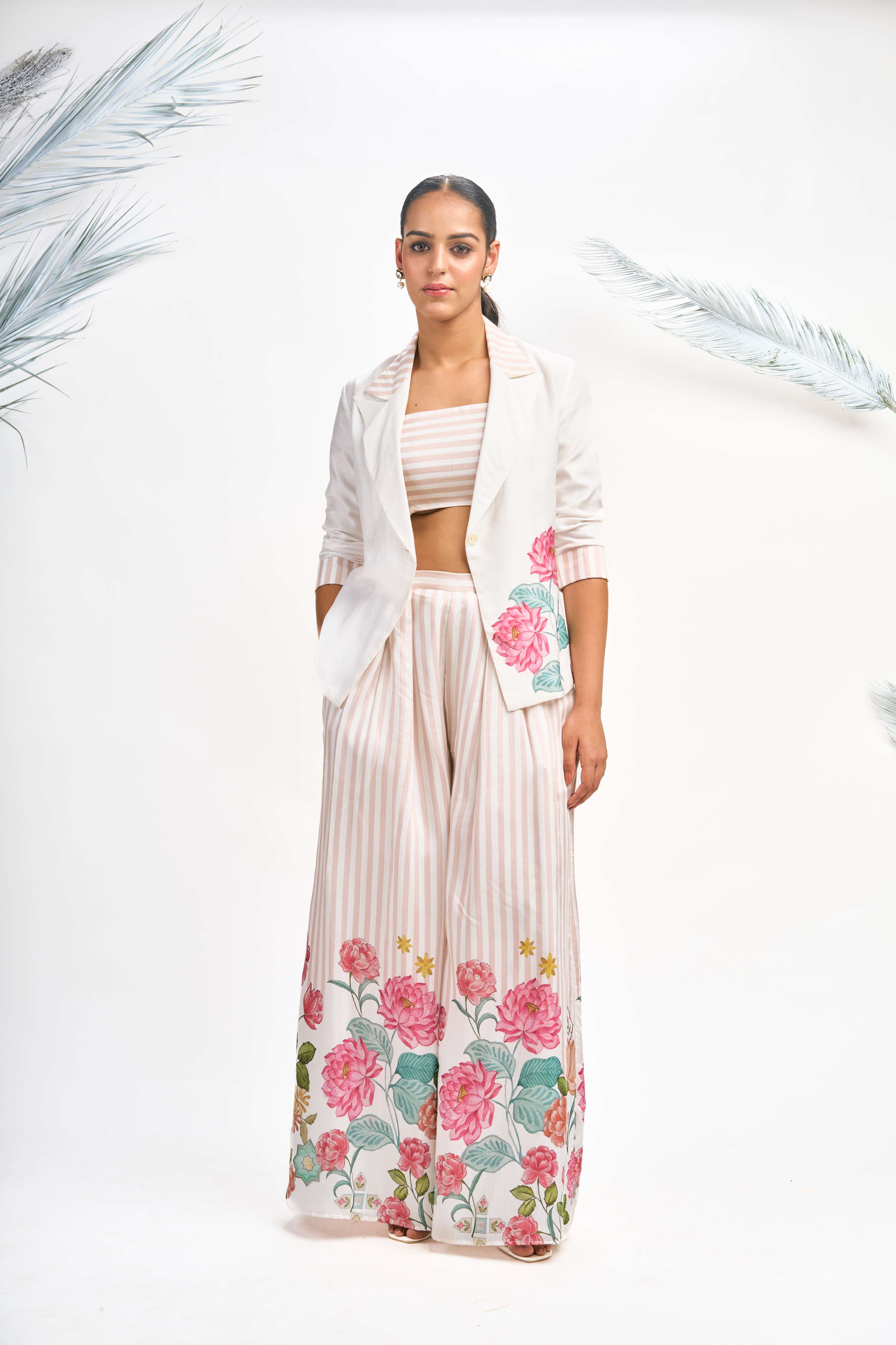 White Digital Printed Blazer with Flared Pants & Crop Top