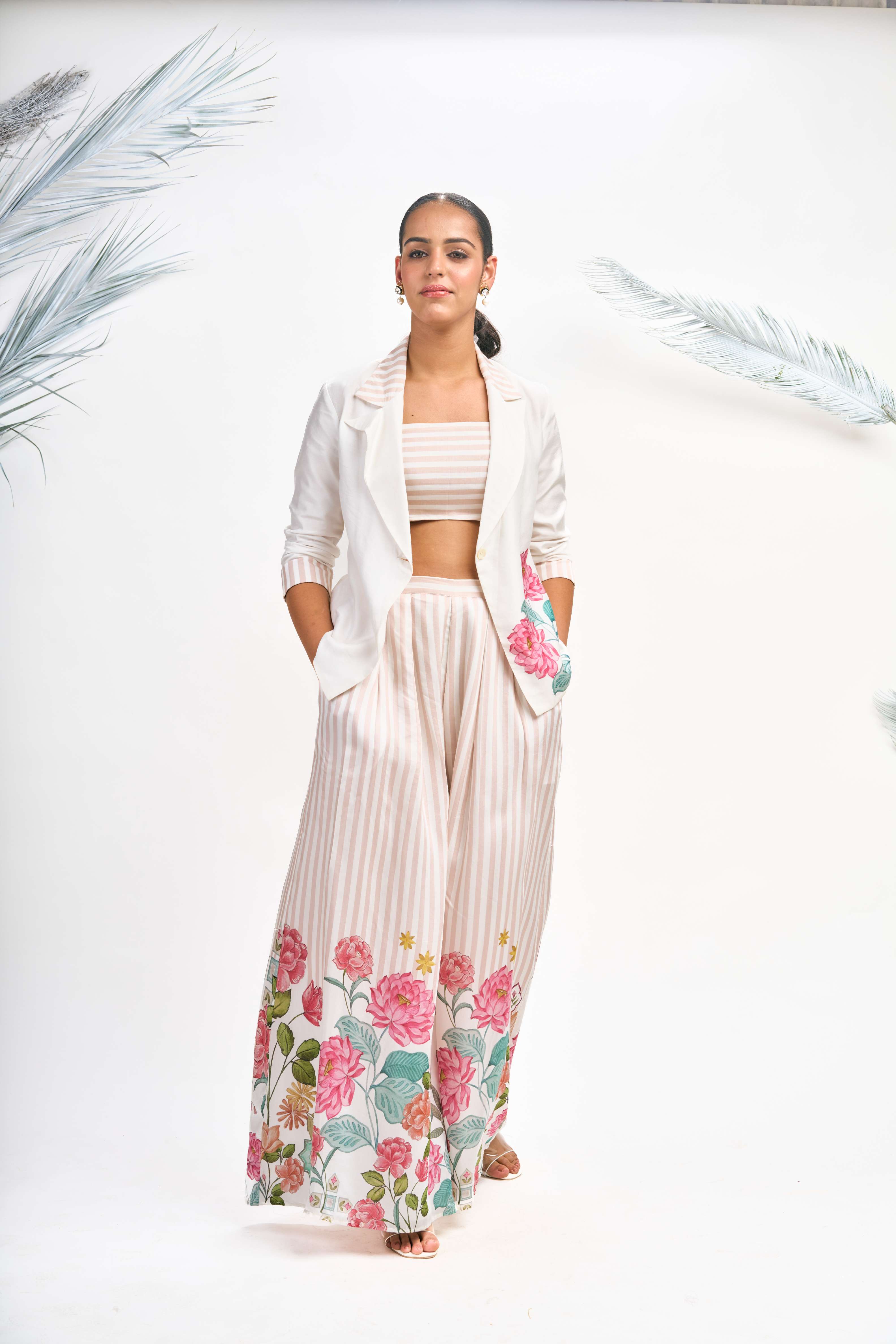 White Digital Printed Blazer with Flared Pants & Crop Top