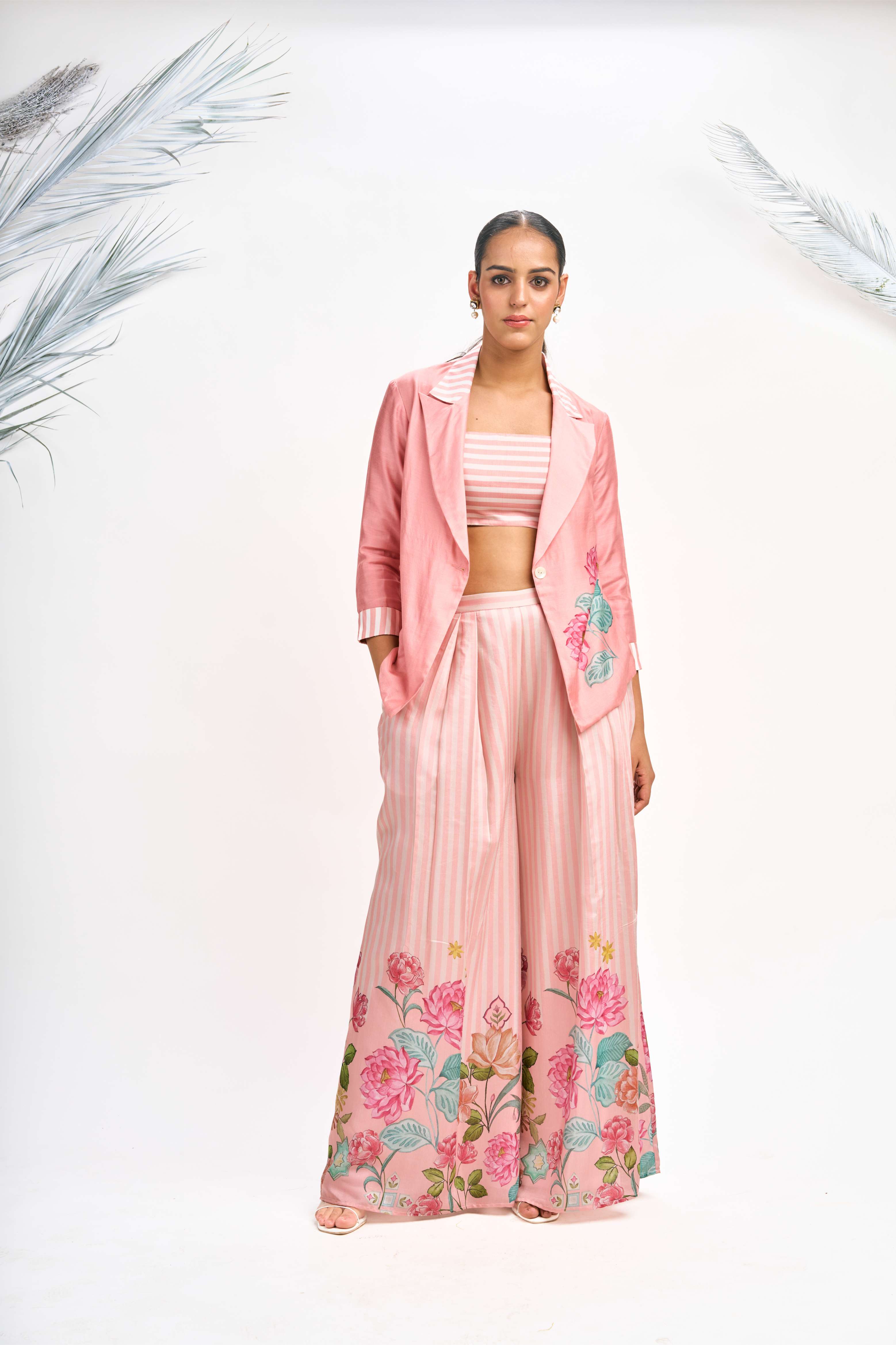 Peach Digital Printed Blazer with Flared Pants & Crop Top