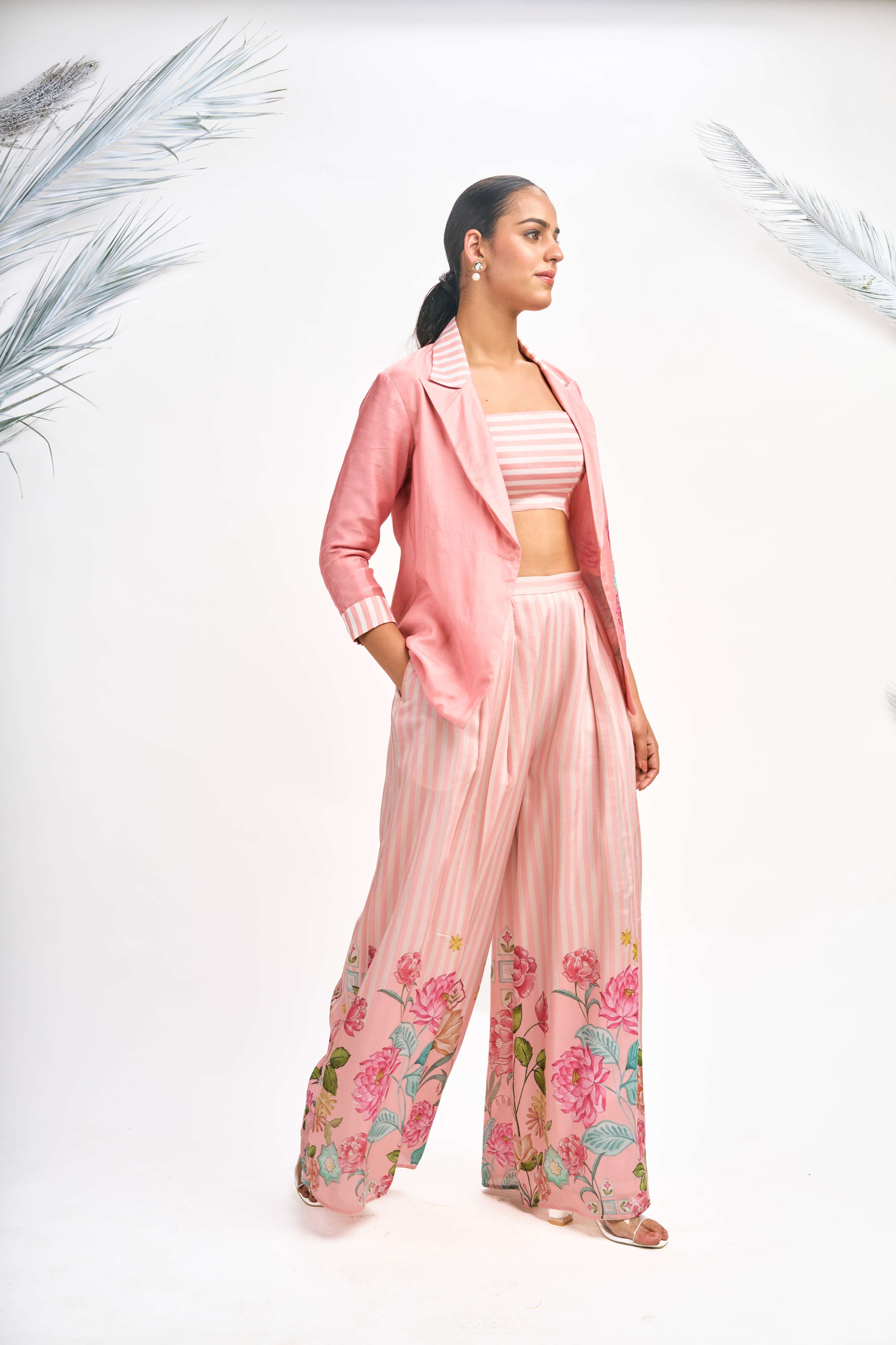 Peach Digital Printed Blazer with Flared Pants & Crop Top