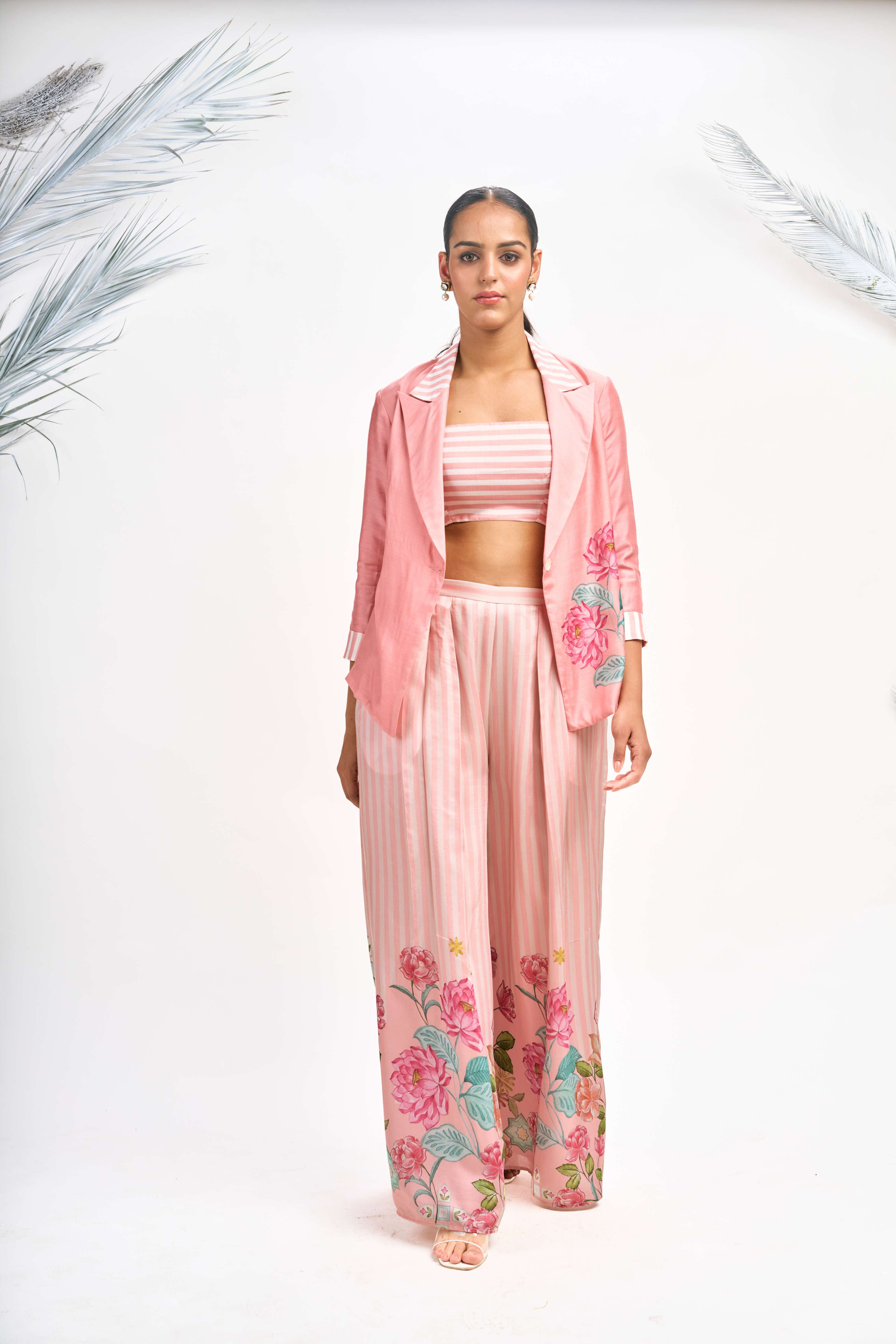 Peach Digital Printed Blazer with Flared Pants & Crop Top