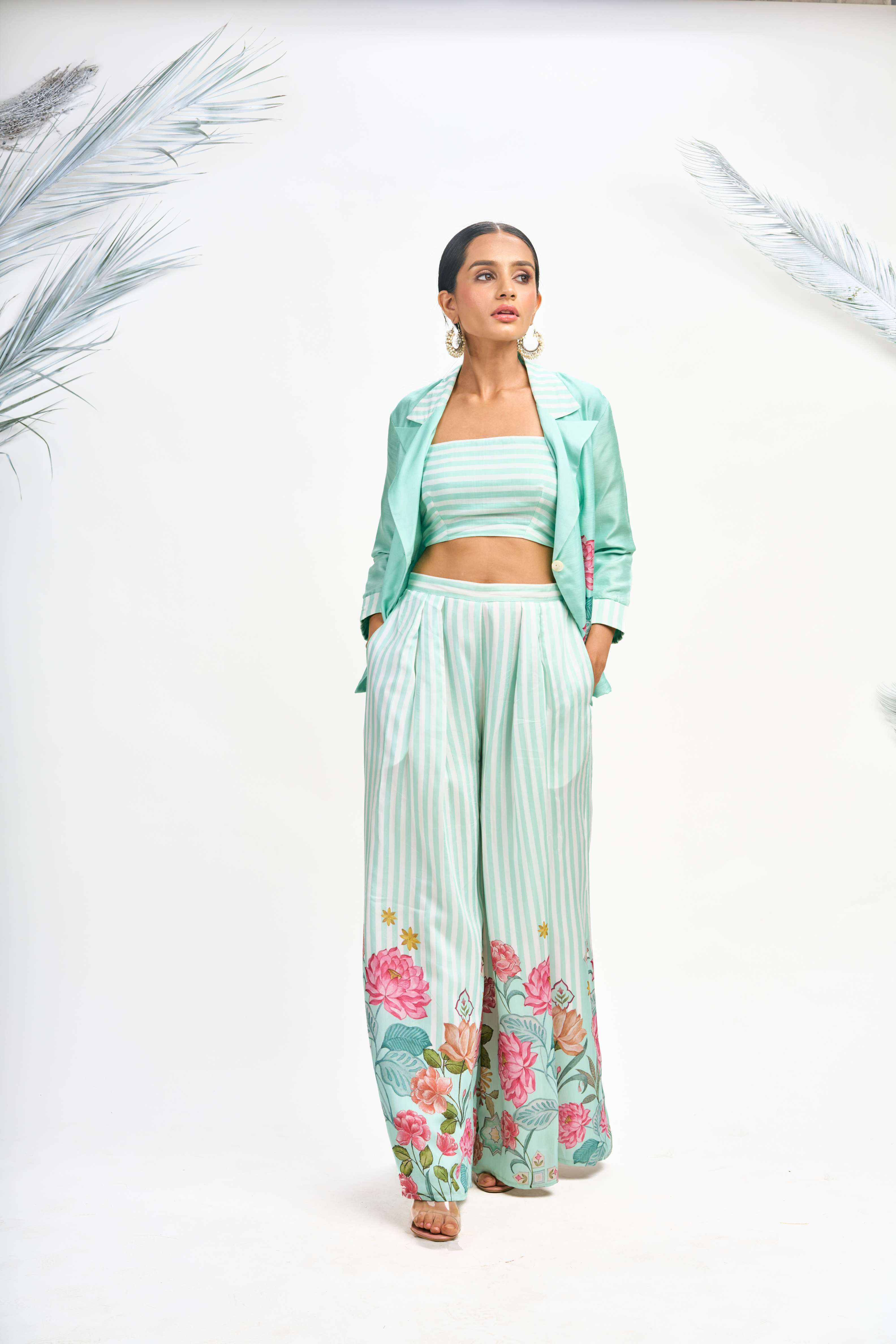 Turquoise Digital Printed Blazer with Flared Pants & Crop Top