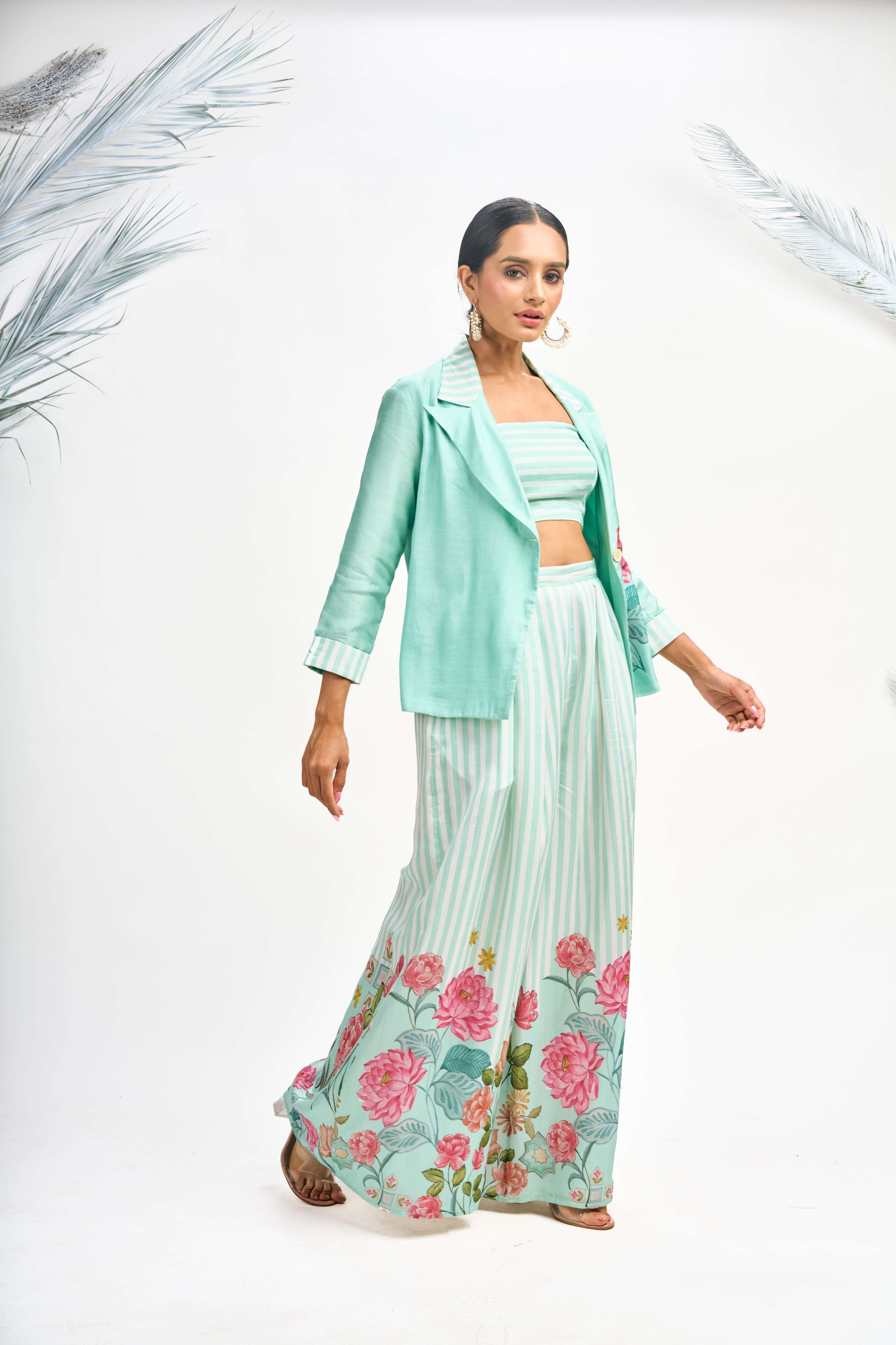 Turquoise Digital Printed Blazer with Flared Pants & Crop Top