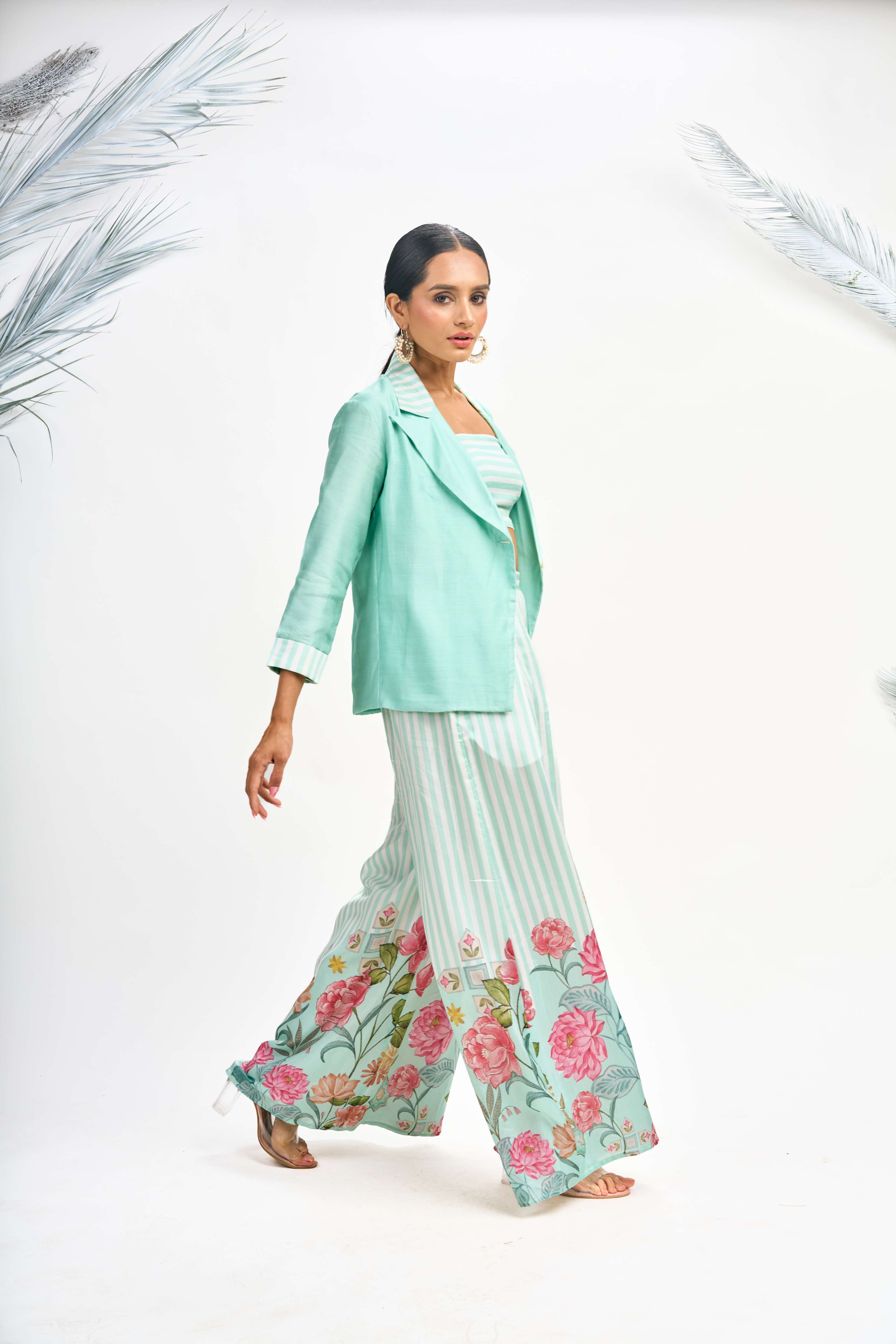 Turquoise Digital Printed Blazer with Flared Pants & Crop Top