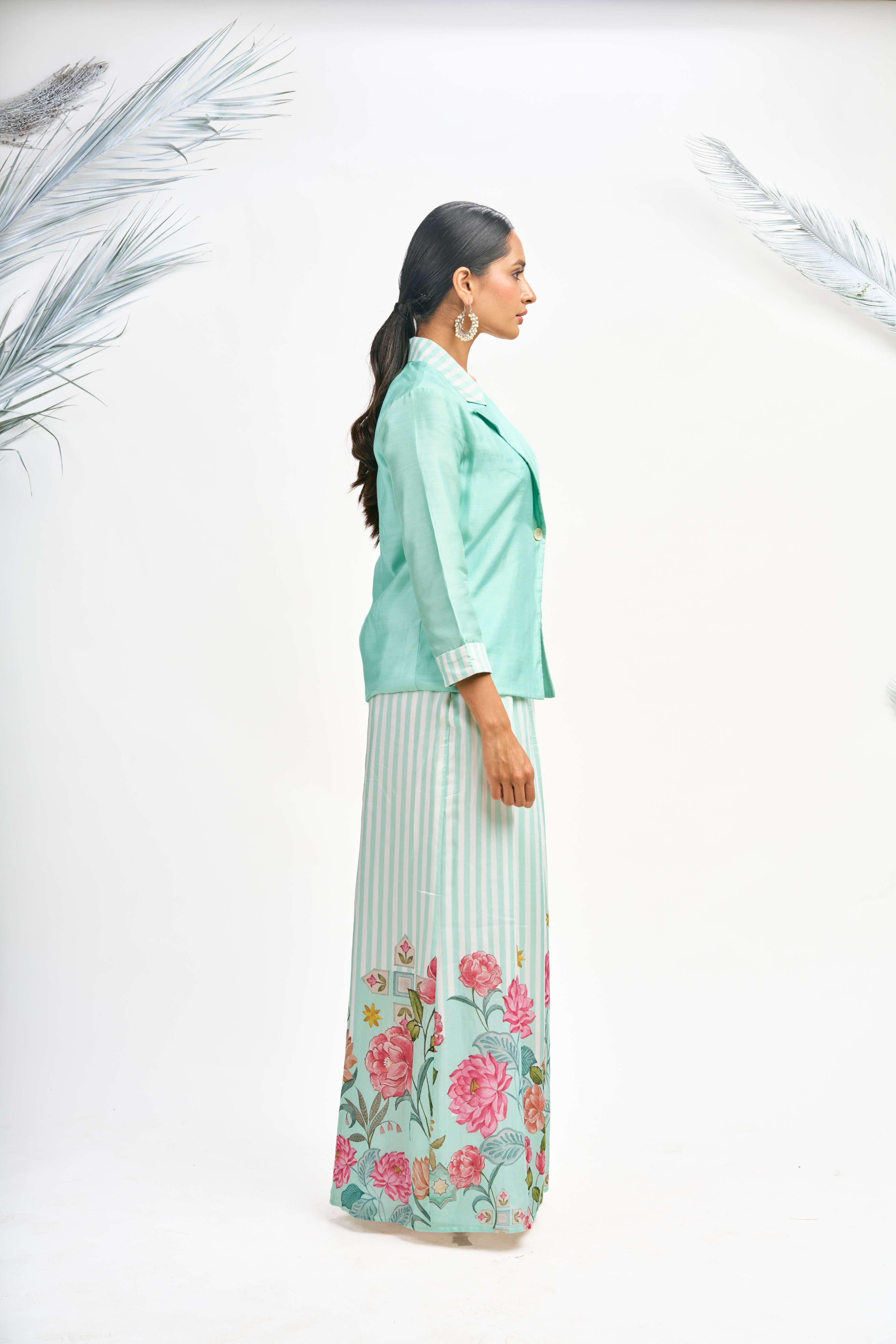 Turquoise Digital Printed Blazer with Flared Pants & Crop Top