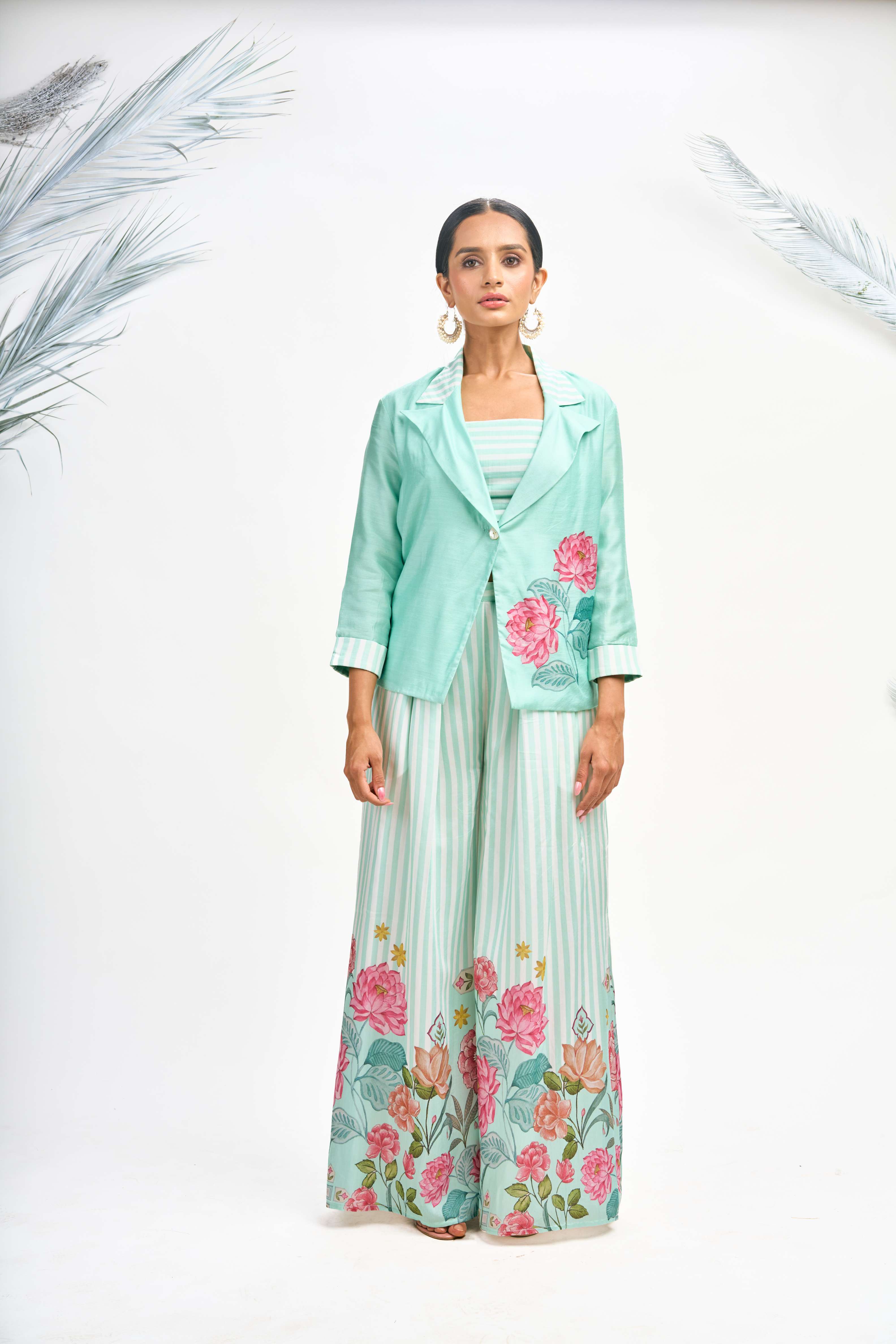 Turquoise Digital Printed Blazer with Flared Pants & Crop Top