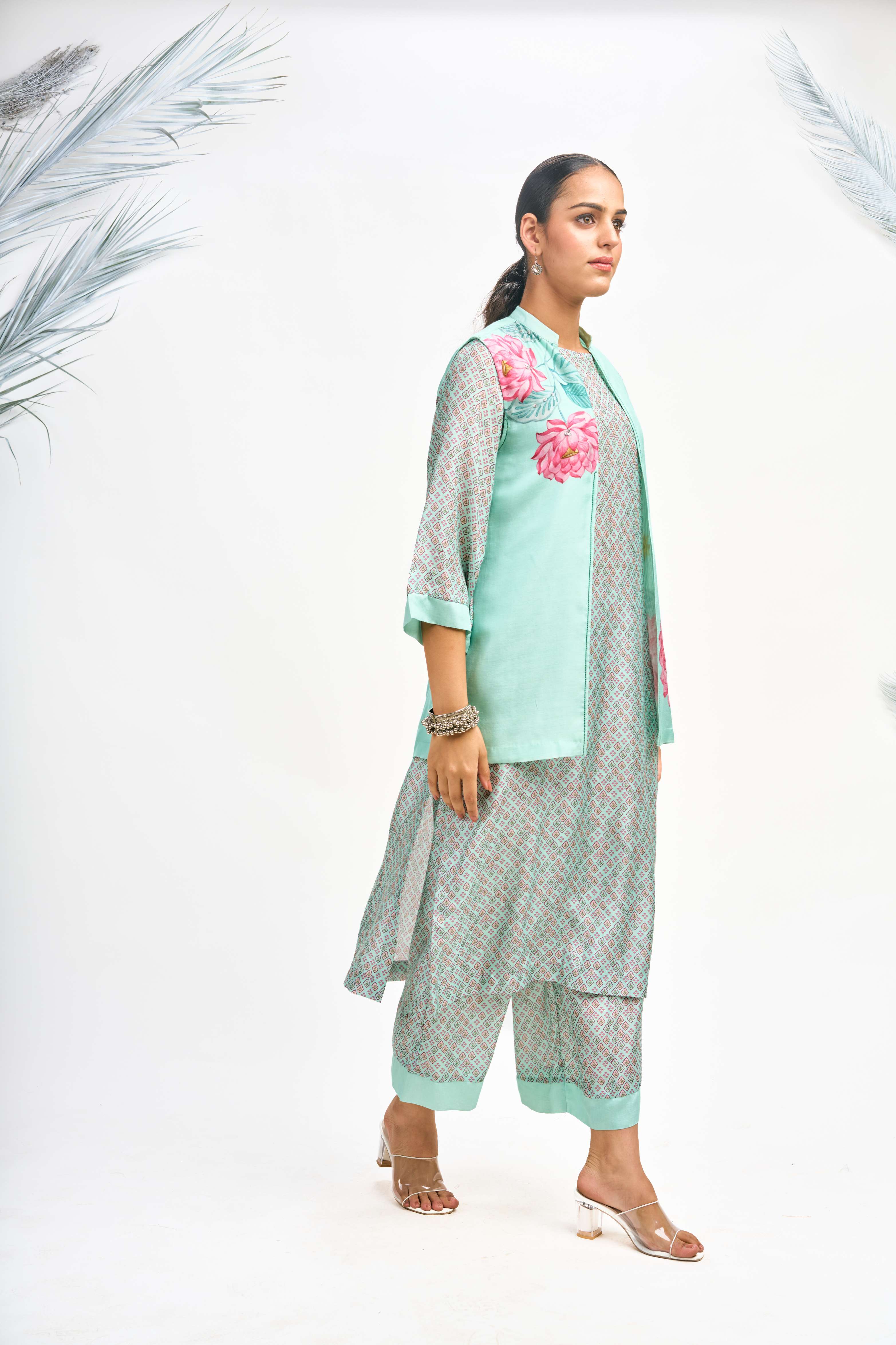 Turquoise Digital Printed Jacket with Kurta Set