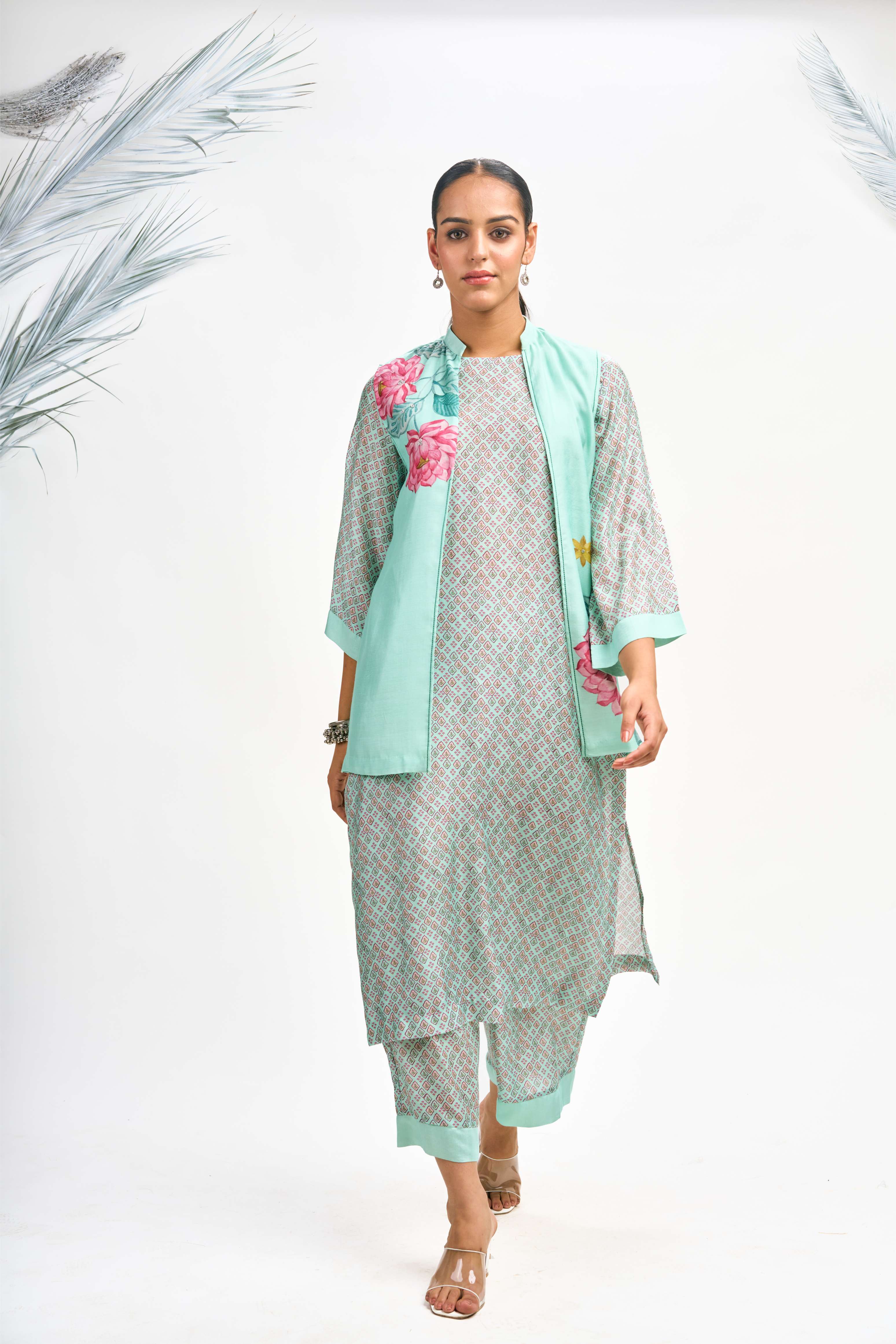 Turquoise Digital Printed Jacket with Kurta Set