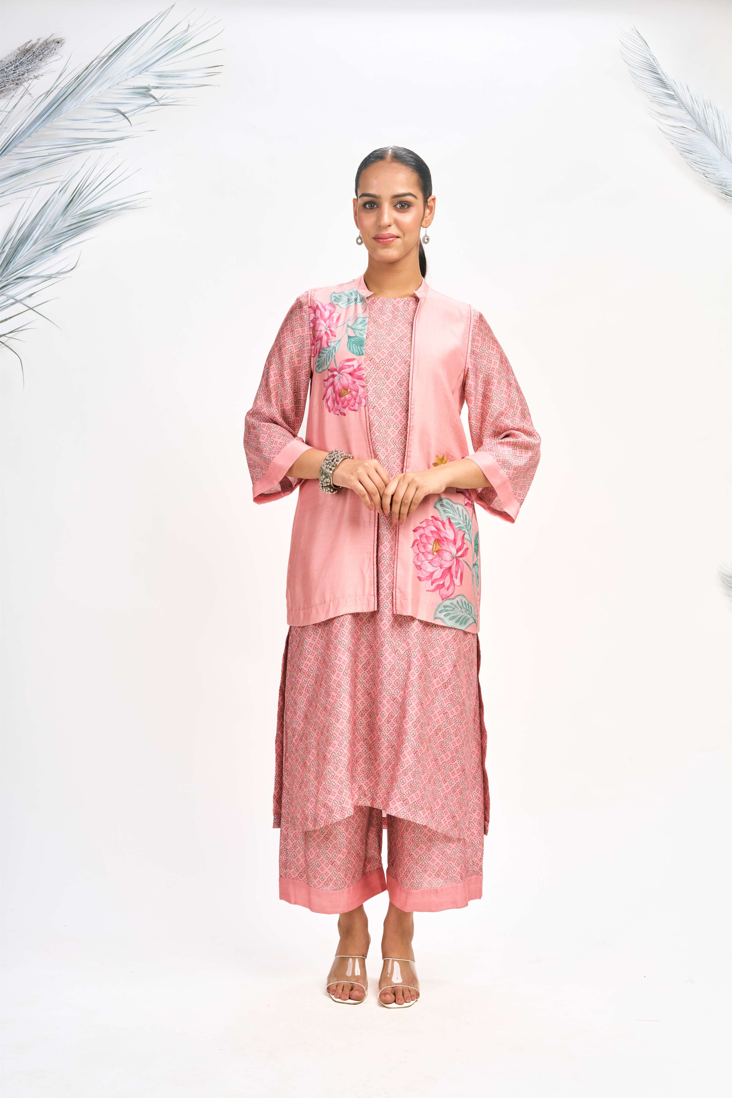 Peach Digital Printed Jacket with Kurta Set