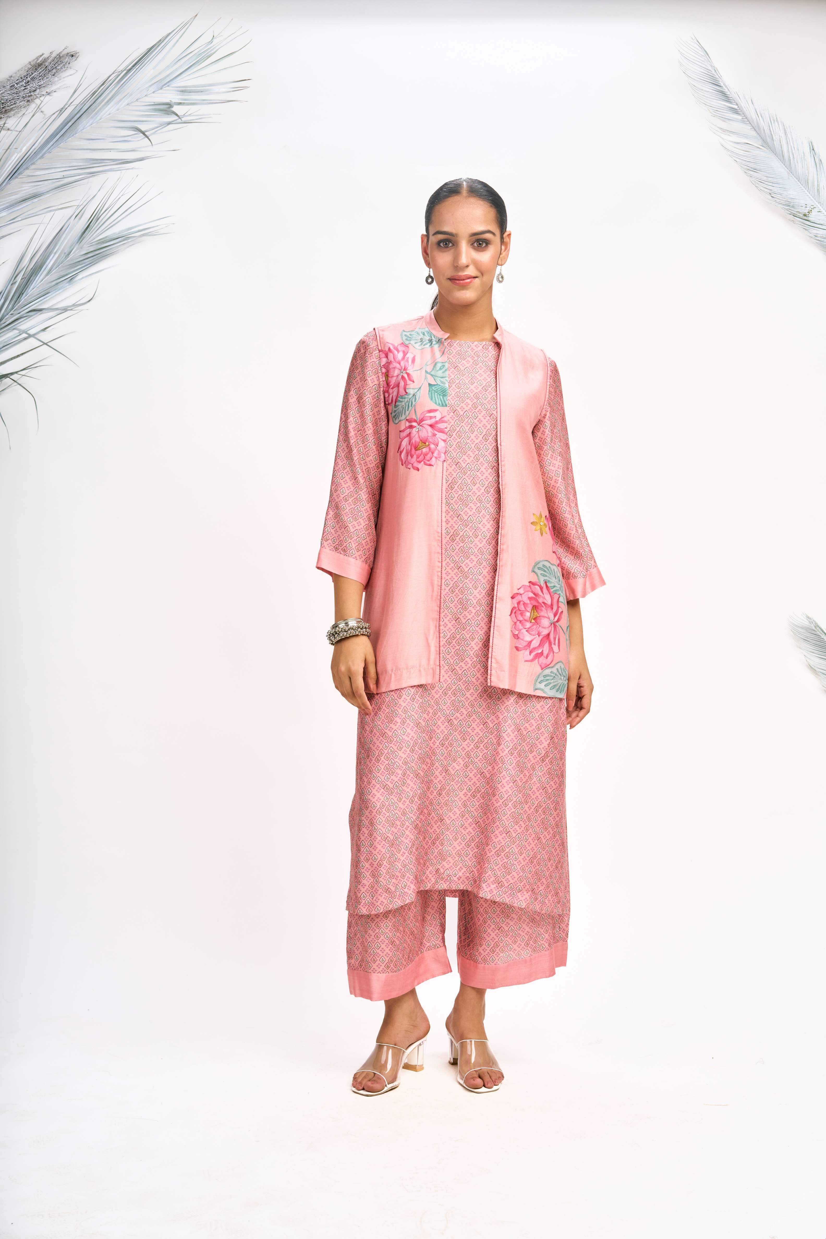 Peach Digital Printed Jacket with Kurta Set