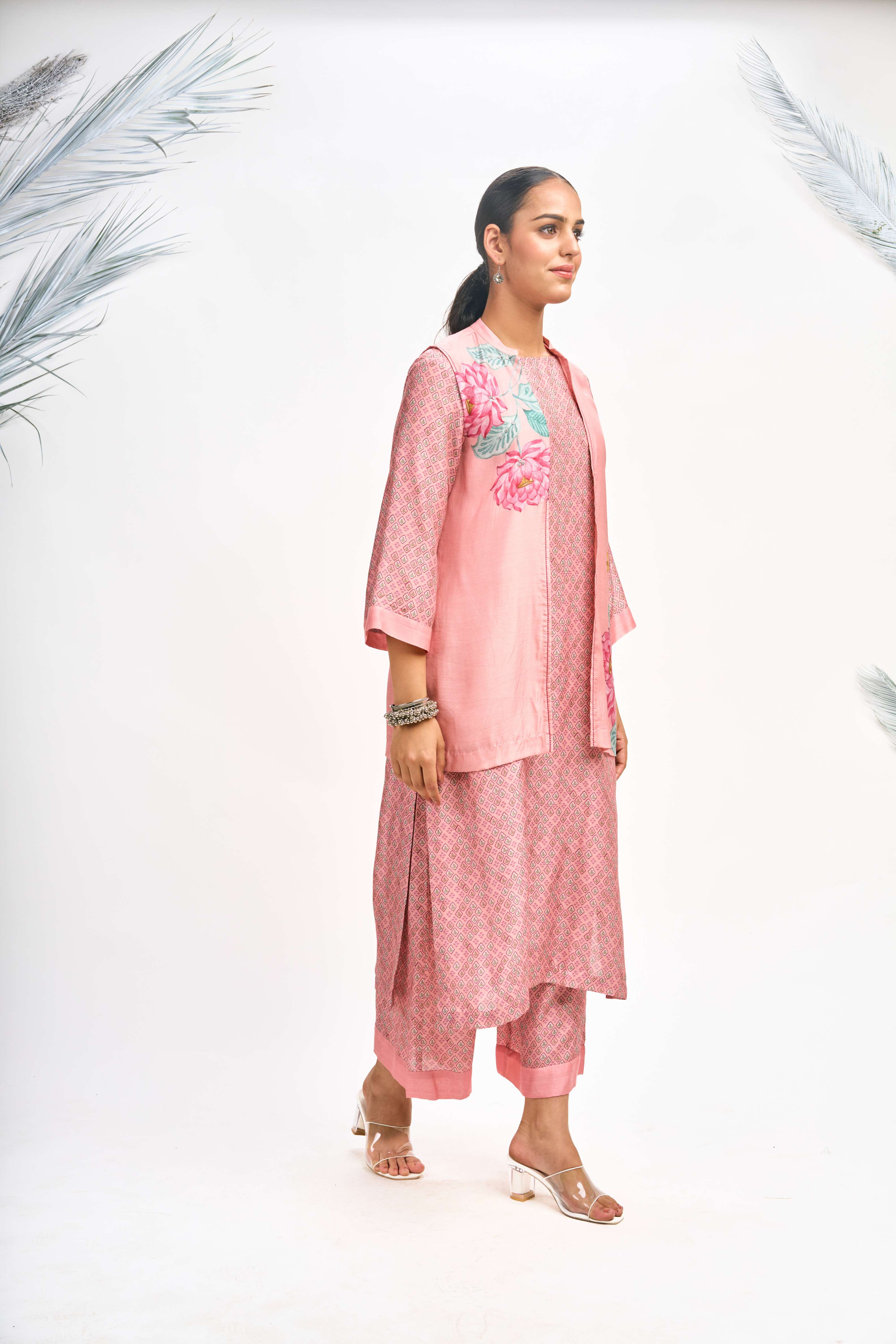 Peach Digital Printed Jacket with Kurta Set