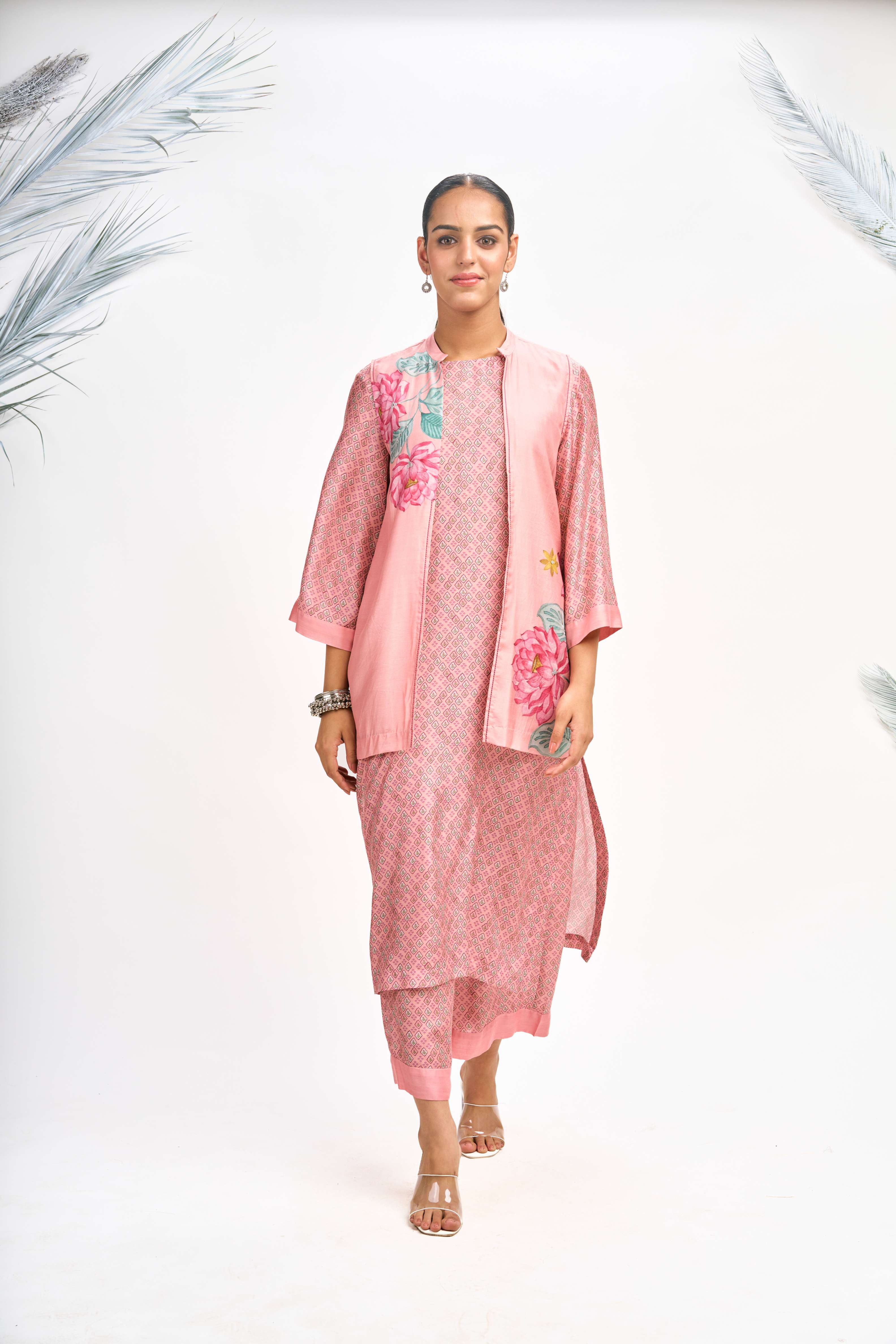 Peach Digital Printed Jacket with Kurta Set