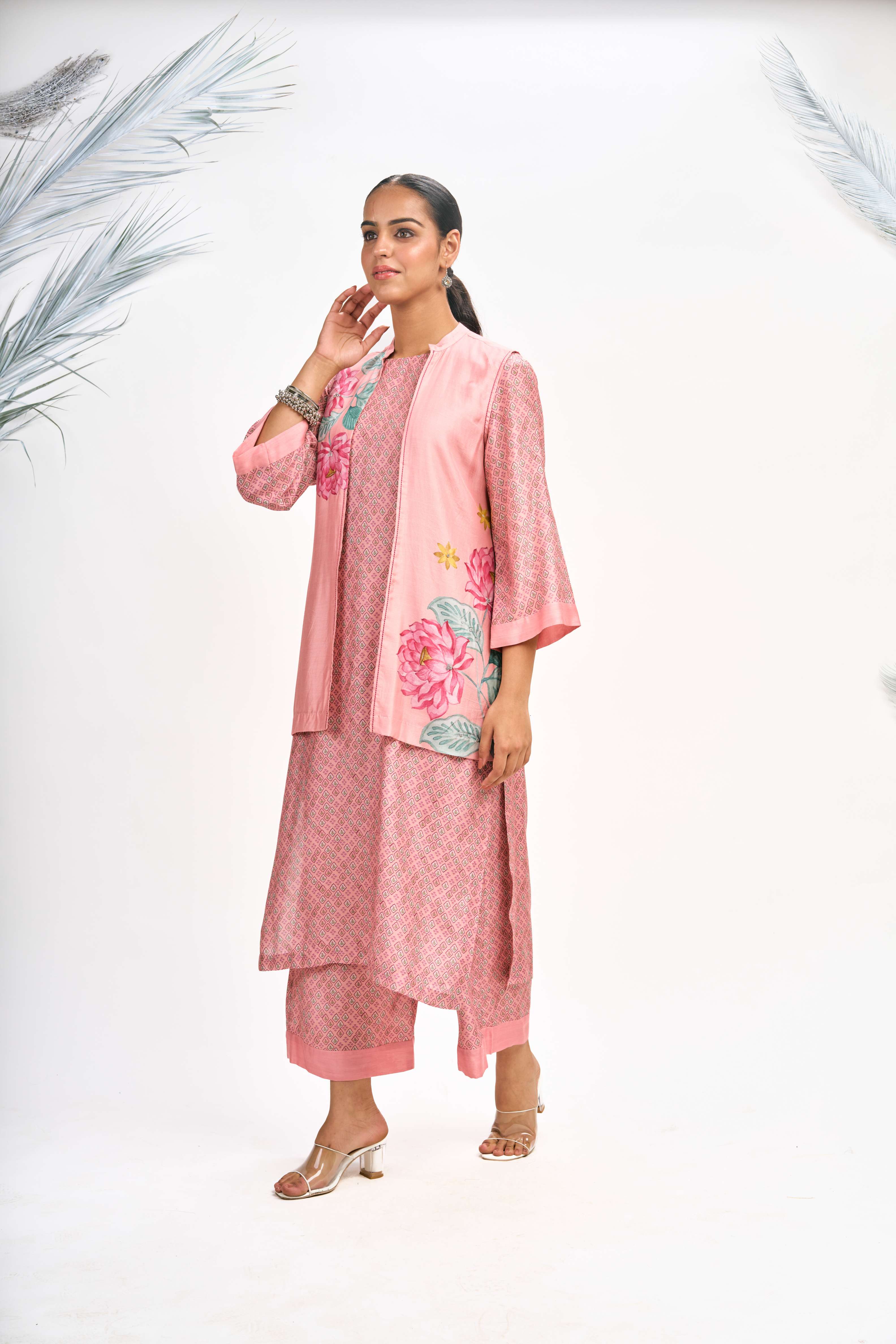 Peach Digital Printed Jacket with Kurta Set